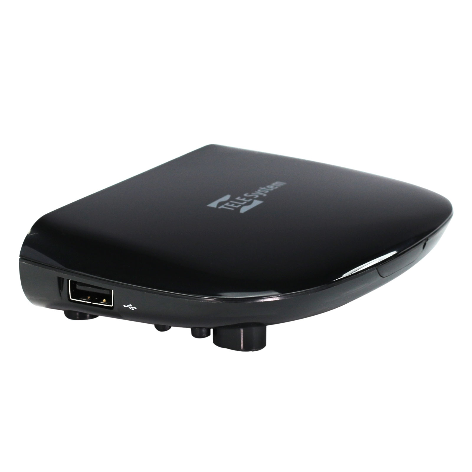 Ein schwarzes Tele System Media Player Gerät mit USB-Anschluss, auf weißem Hintergrund.