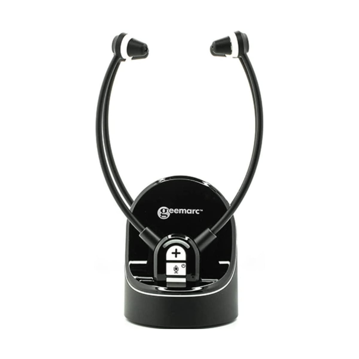 Un auricolare Geemarc in bianco e nero con base di ricarica, isolato su sfondo bianco.