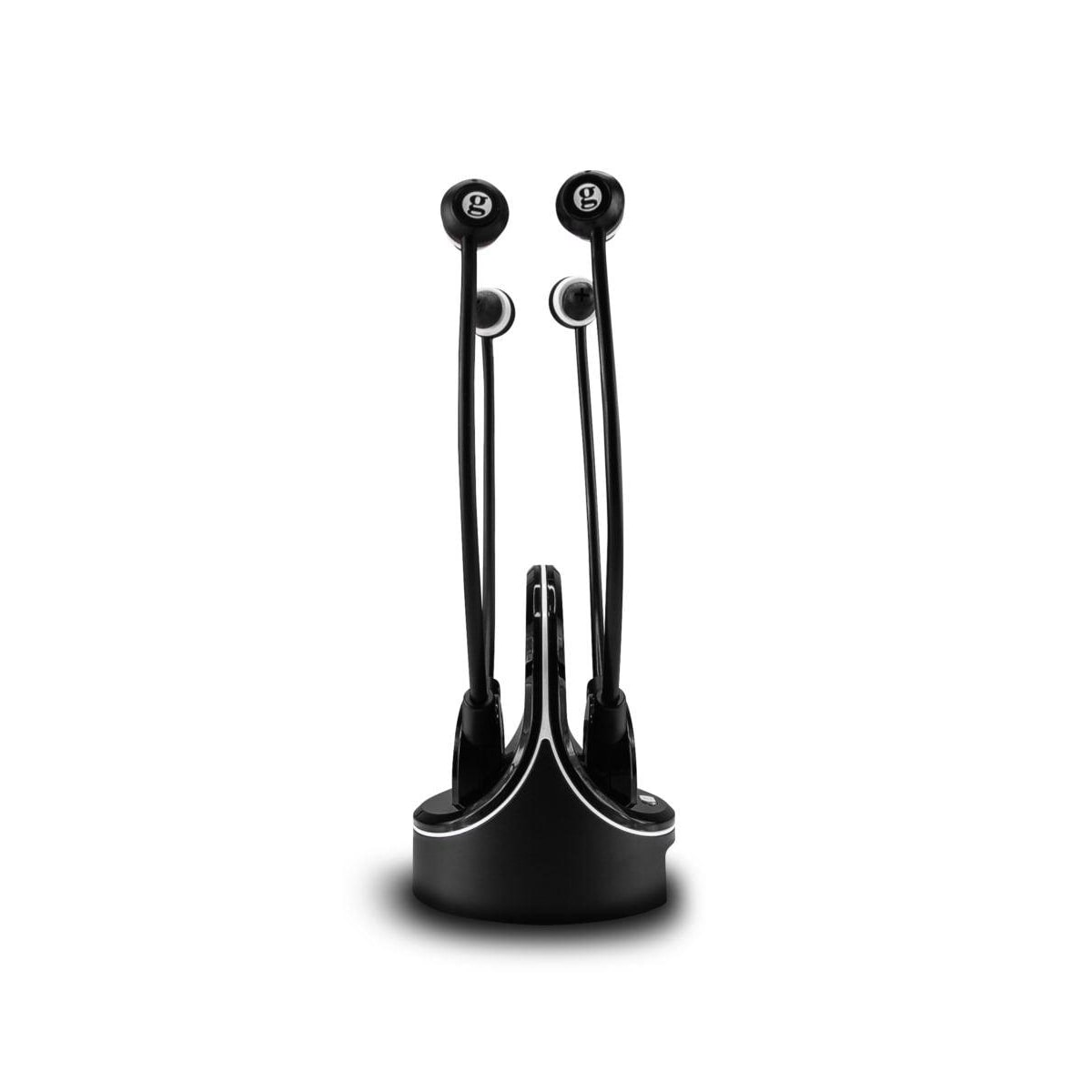 Auricolari neri con supporto. Il supporto ha due porte per gli auricolari.