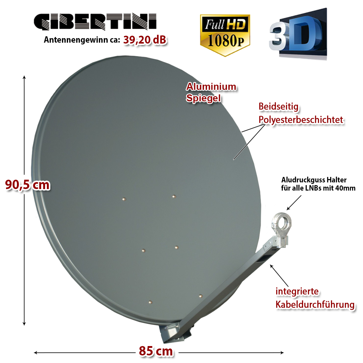 Eine Satellitenschüssel mit Textbeschriftungen, die Abmessungen und Funktionen wie einen Aluminiumspiegel angeben.