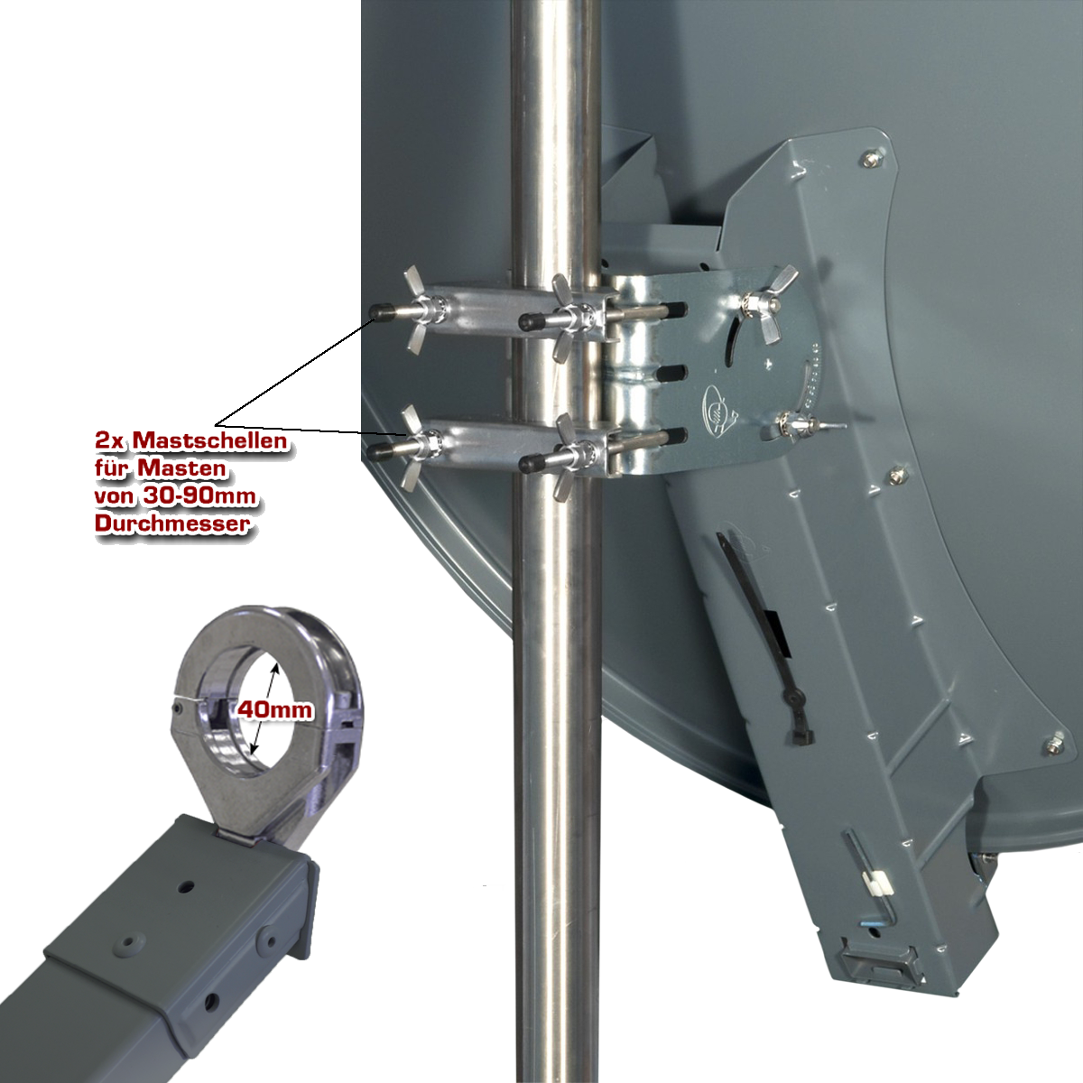 Eine Satellitenschüssel mit Montagekomponenten. Das Bild zeigt Details der Mastklemmen und Abmessungen.