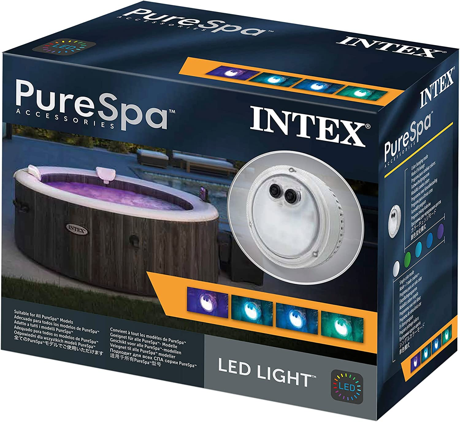 Eine Box für PureSpa-Zubehör, mit einer Whirlpool-Grafik. Blau, Schwarz und Weiß, mit LED-Leuchten.