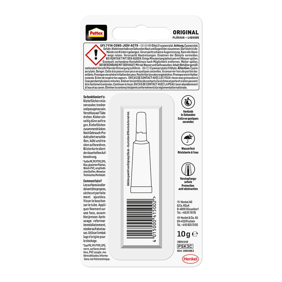 Eine Tube Kleber mit Warnhinweis und Anweisungen.