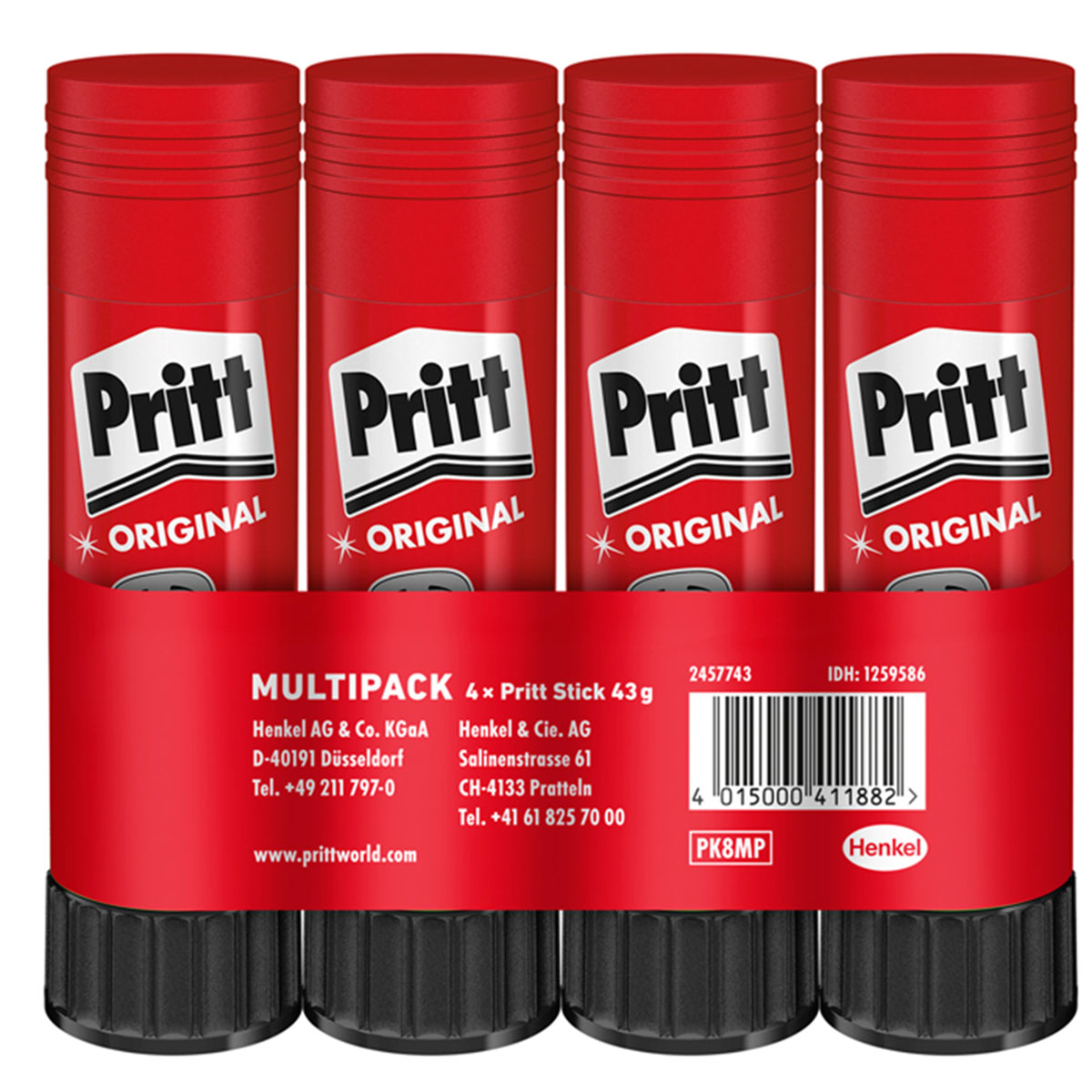 Packung mit vier roten Pritt Klebestiften mit weißem Etikett und schwarzem Sockel.