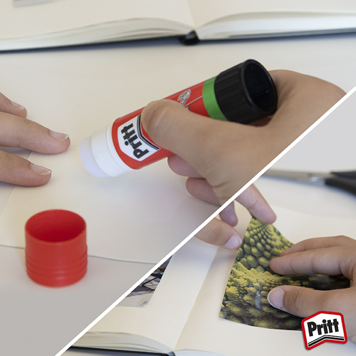Hände benutzen Klebestift und rote Kappe auf weißer Oberfläche. Ein Papier wird beklebt.
