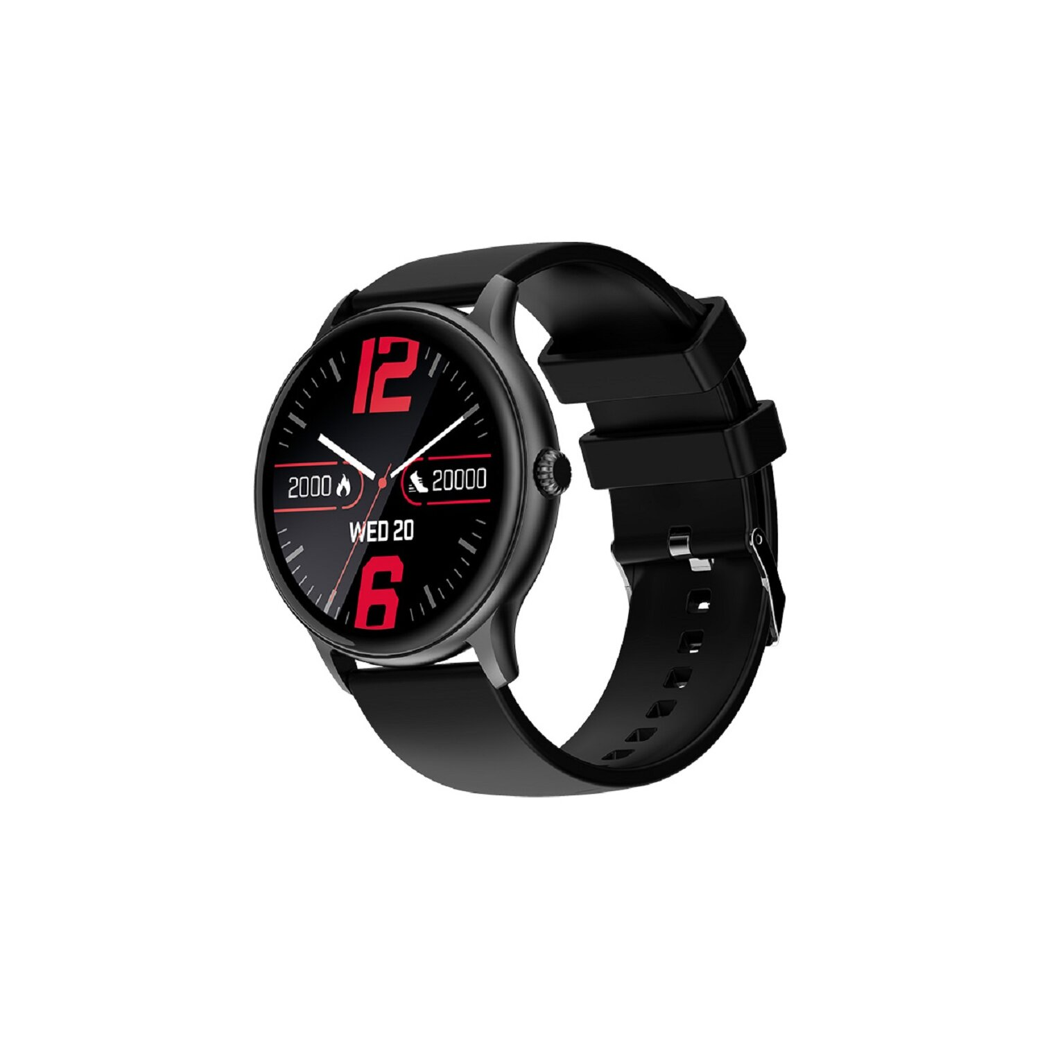 Schwarze Smartwatch mit roten Digitalzahlen und schwarzem Armband. Isoliert auf weißem Hintergrund.