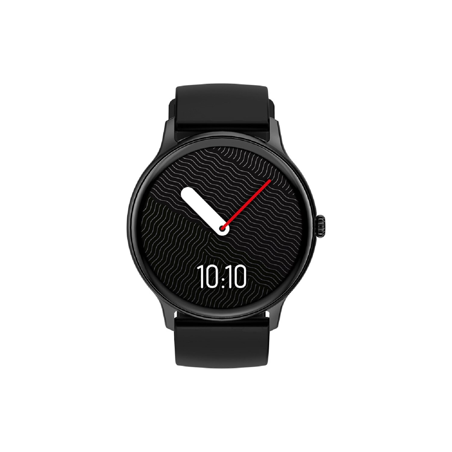 Schwarze Smartwatch mit wellenförmigem Zifferblatt, Anzeige 10:10. Schwarzes Armband.