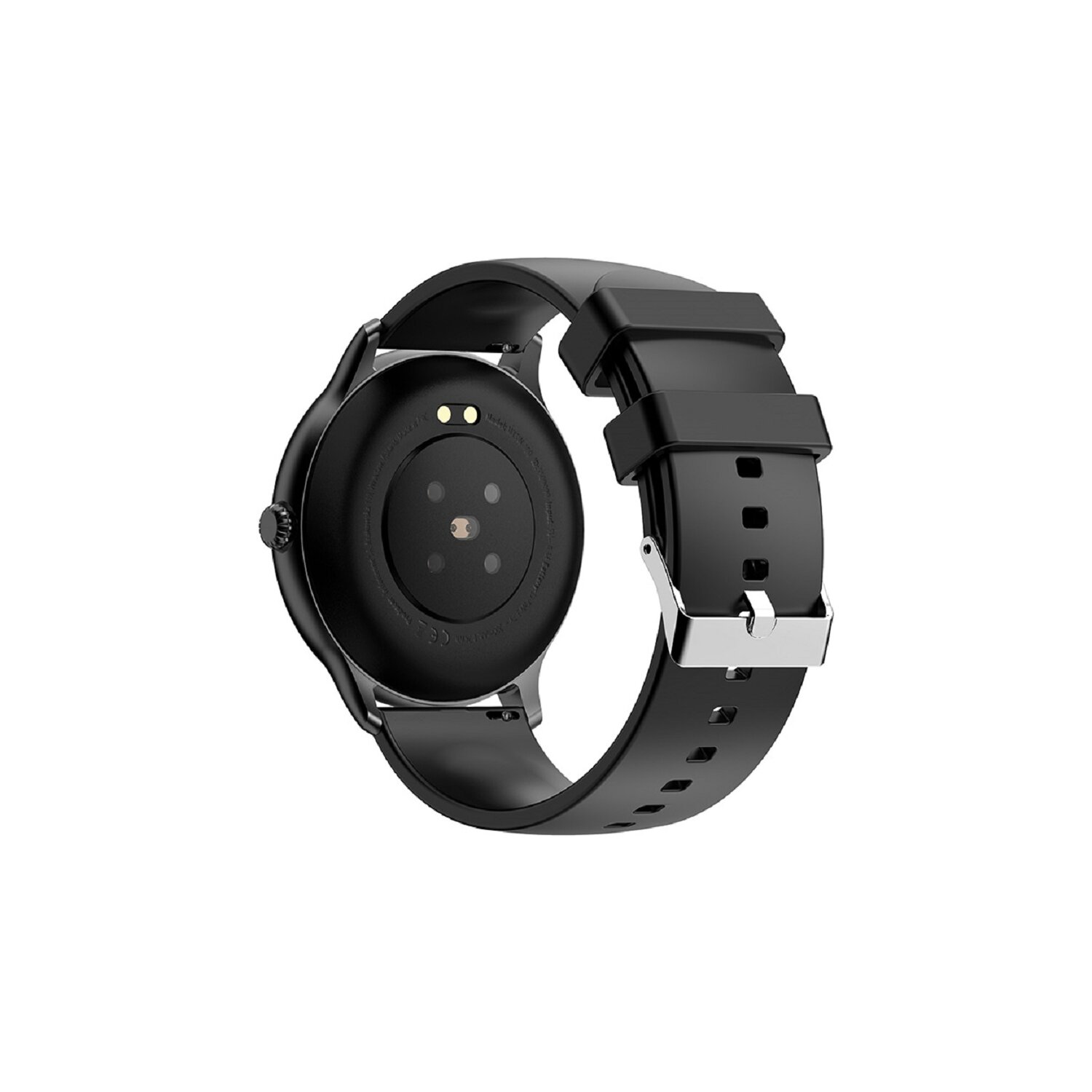 Schwarze Smartwatch, Rückansicht. Sensoren und Banddetails sichtbar. Schwarzes Armband.