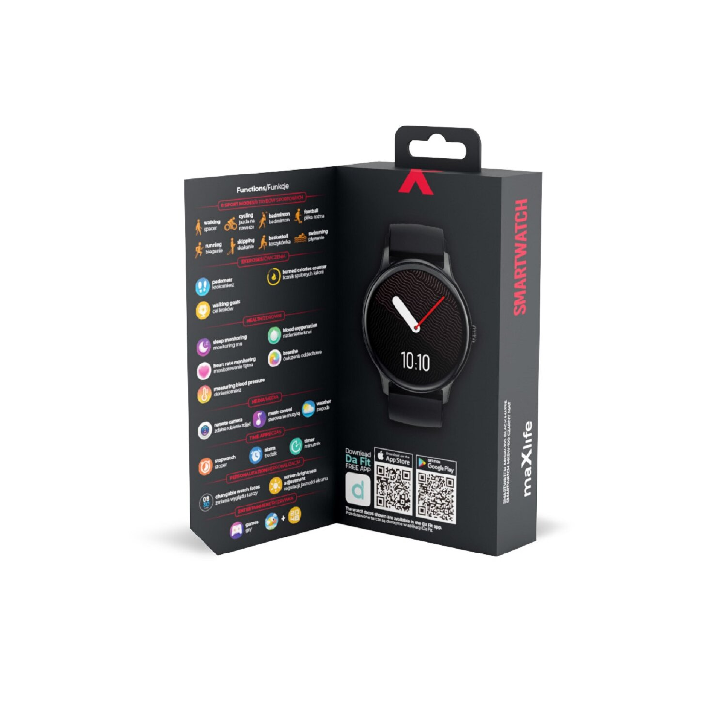 Smartwatch in einer Box. Das Zifferblatt zeigt die Uhrzeit. Die Box listet Funktionen auf.