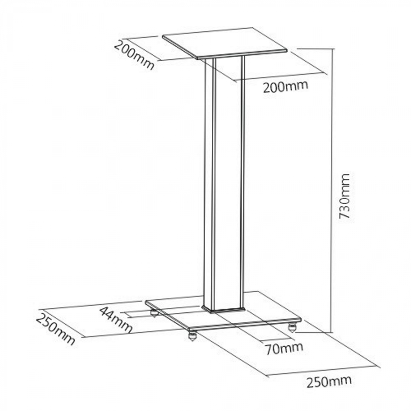 Presentation stand with measurements. White stand on a white background. Focus on the stand.