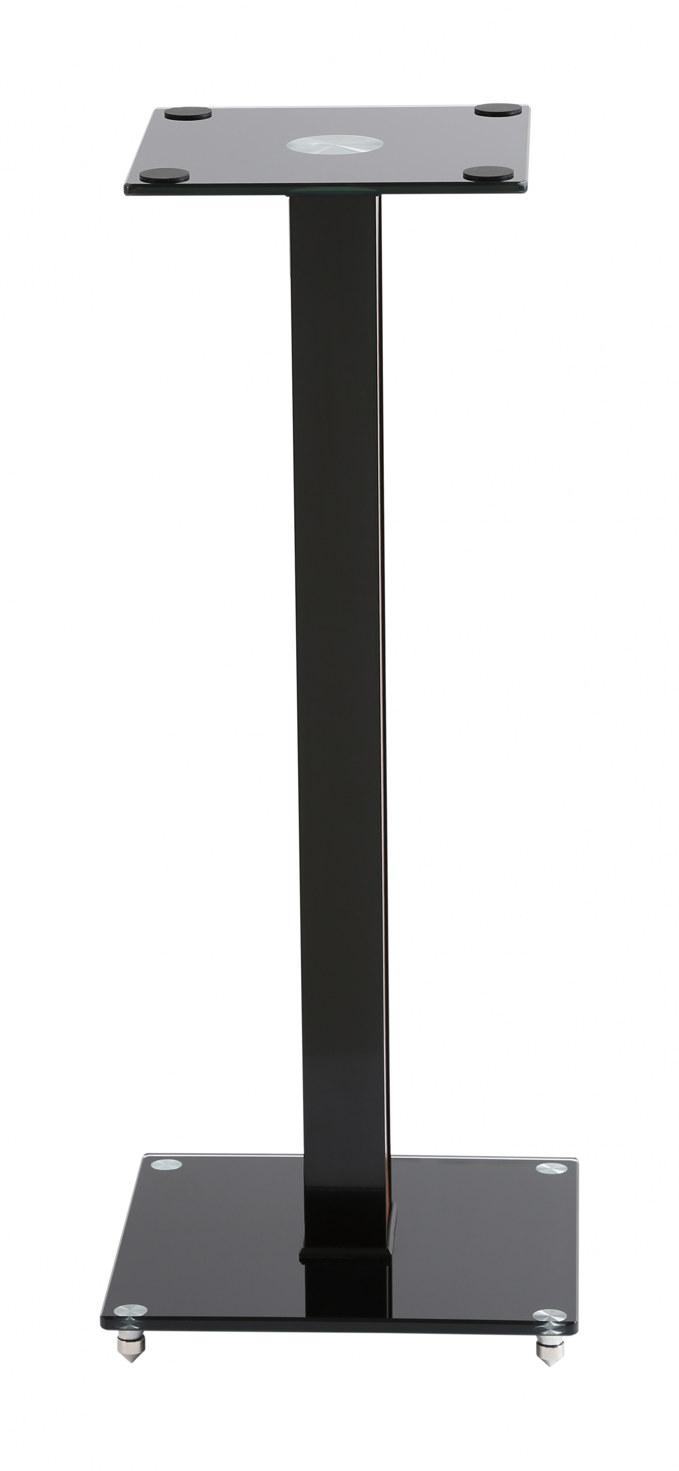 Black speaker stand. A square base, a vertical pole, and a top square platform.