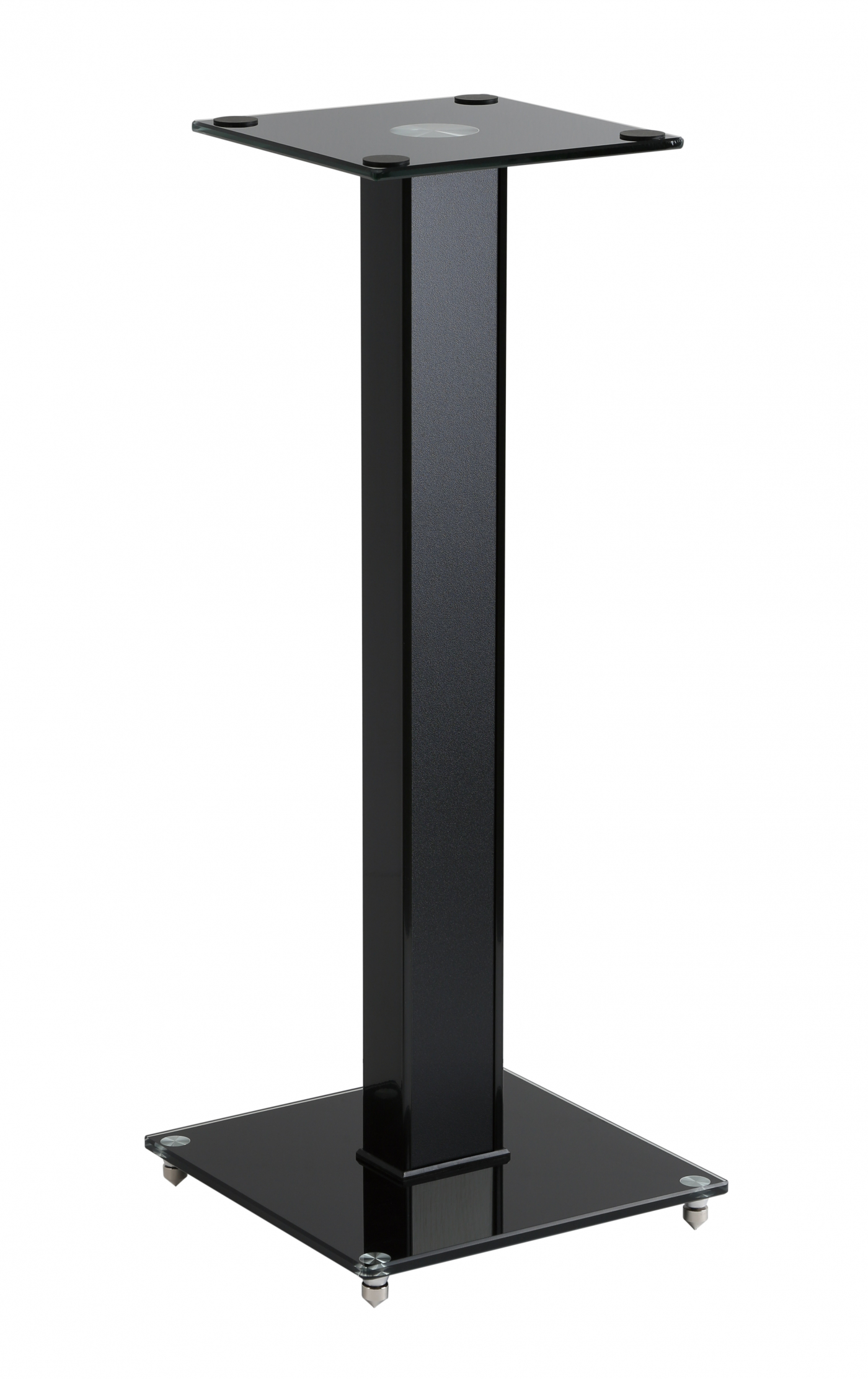 Schwarzer Lautsprecherständer mit quadratischer Glasbasis und -oberseite, schwarze Säule.