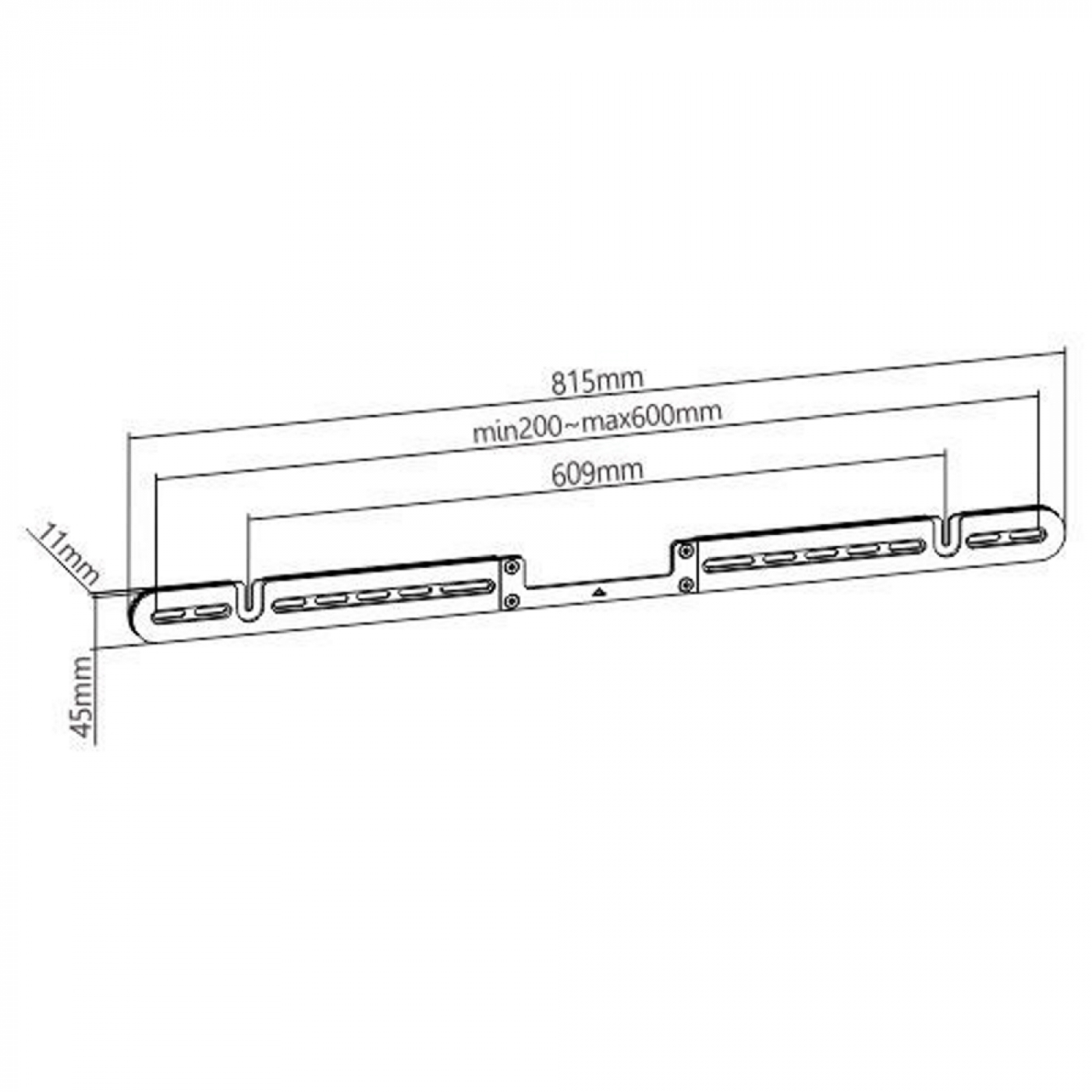 Diagram of a silver soundbar with dimensions labeled in mm.