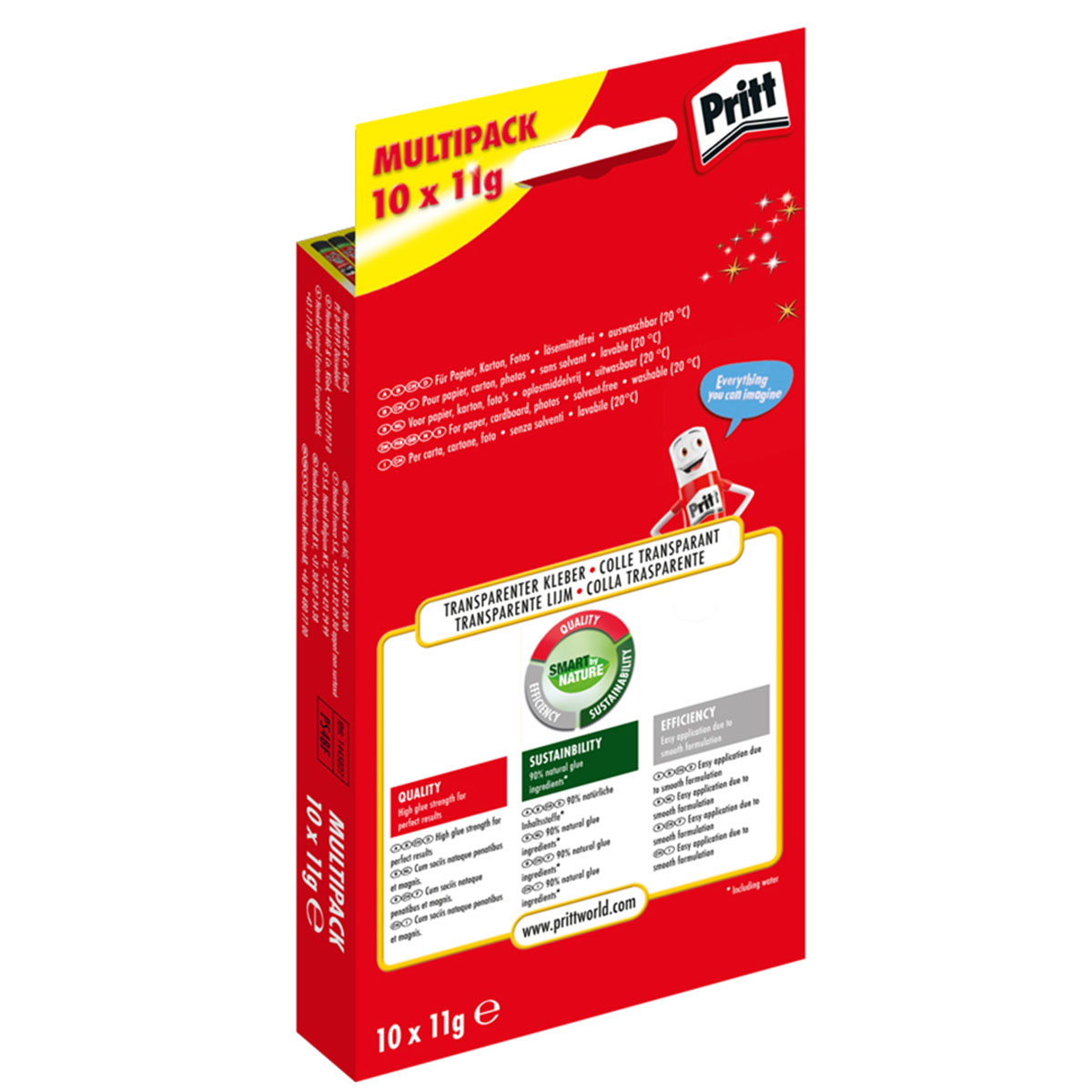 Schachtel mit Pritt Klebestiften. Verpackungstext in mehreren Sprachen.