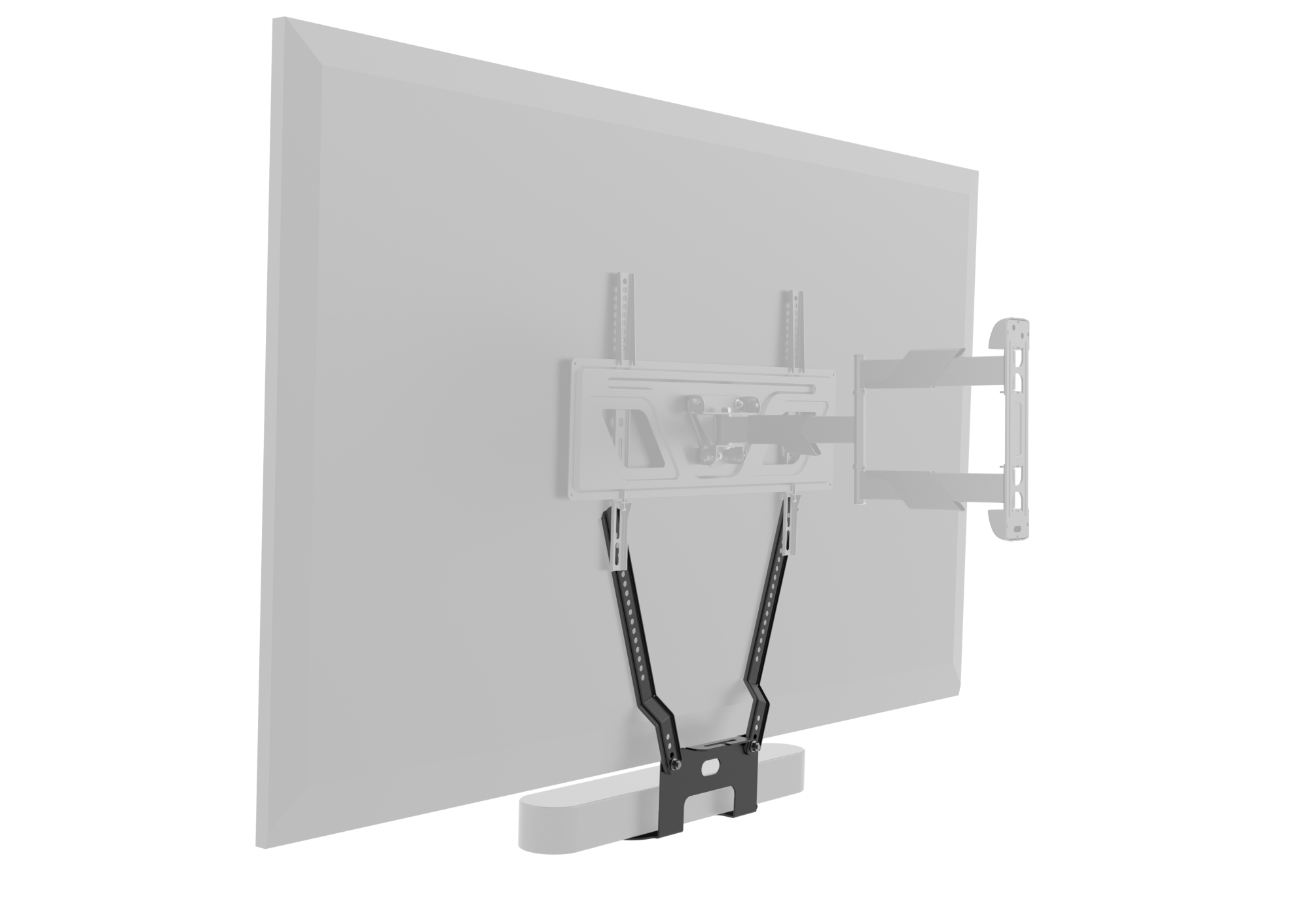 TV mounted with bracket. The bracket holds a soundbar below the screen.