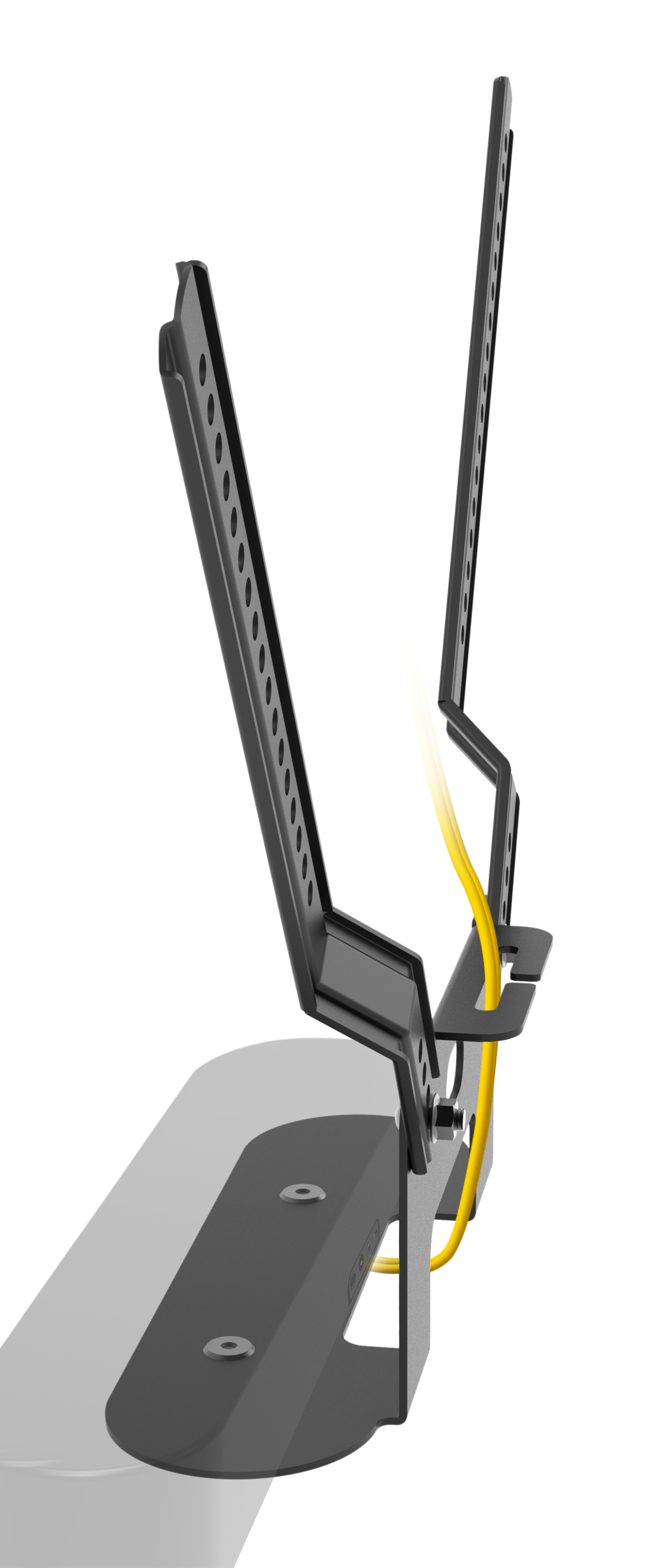 A TV bracket is mounted on a wall with yellow cables.