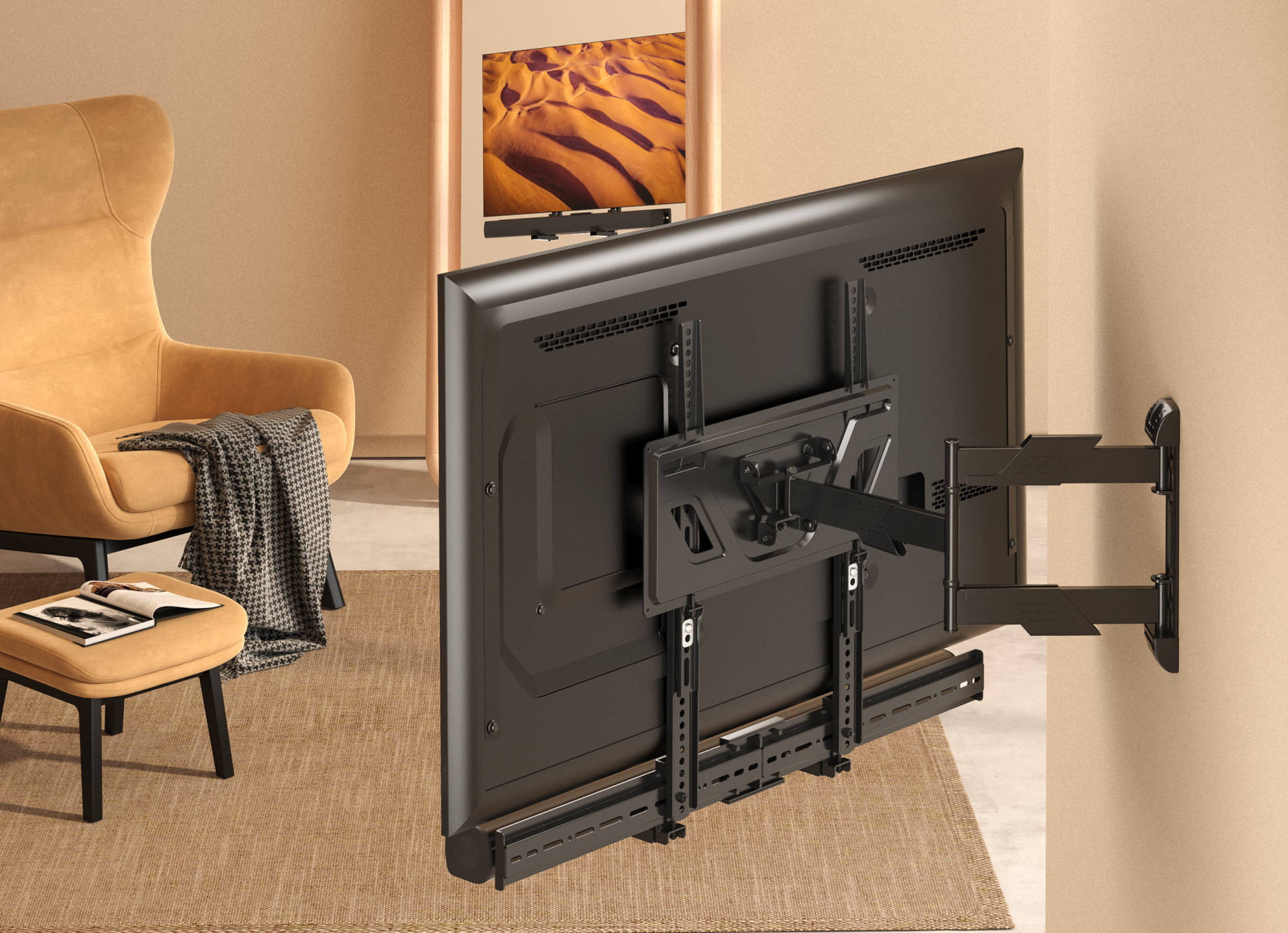 A large TV mounted on a wall. The mount is visible. A rug and chair are also visible.