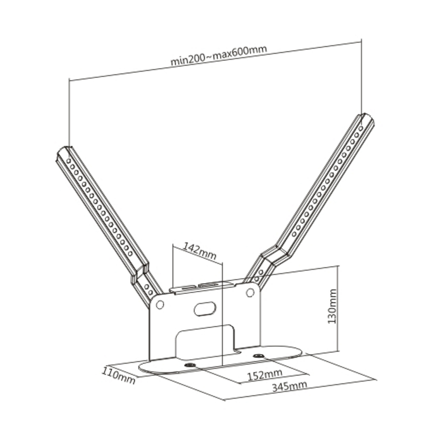 Diagram showing dimensions for a TV mount. It includes measurements in millimeters and a white background.