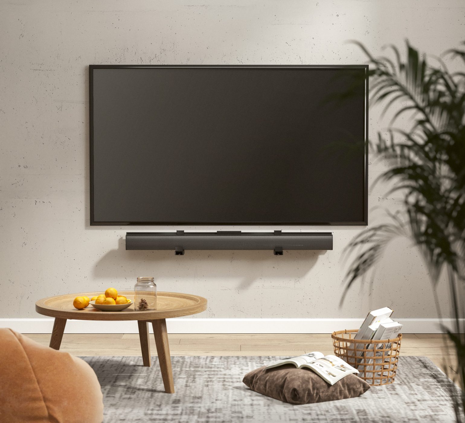 Living room scene with TV, soundbar, small table, and sofa.