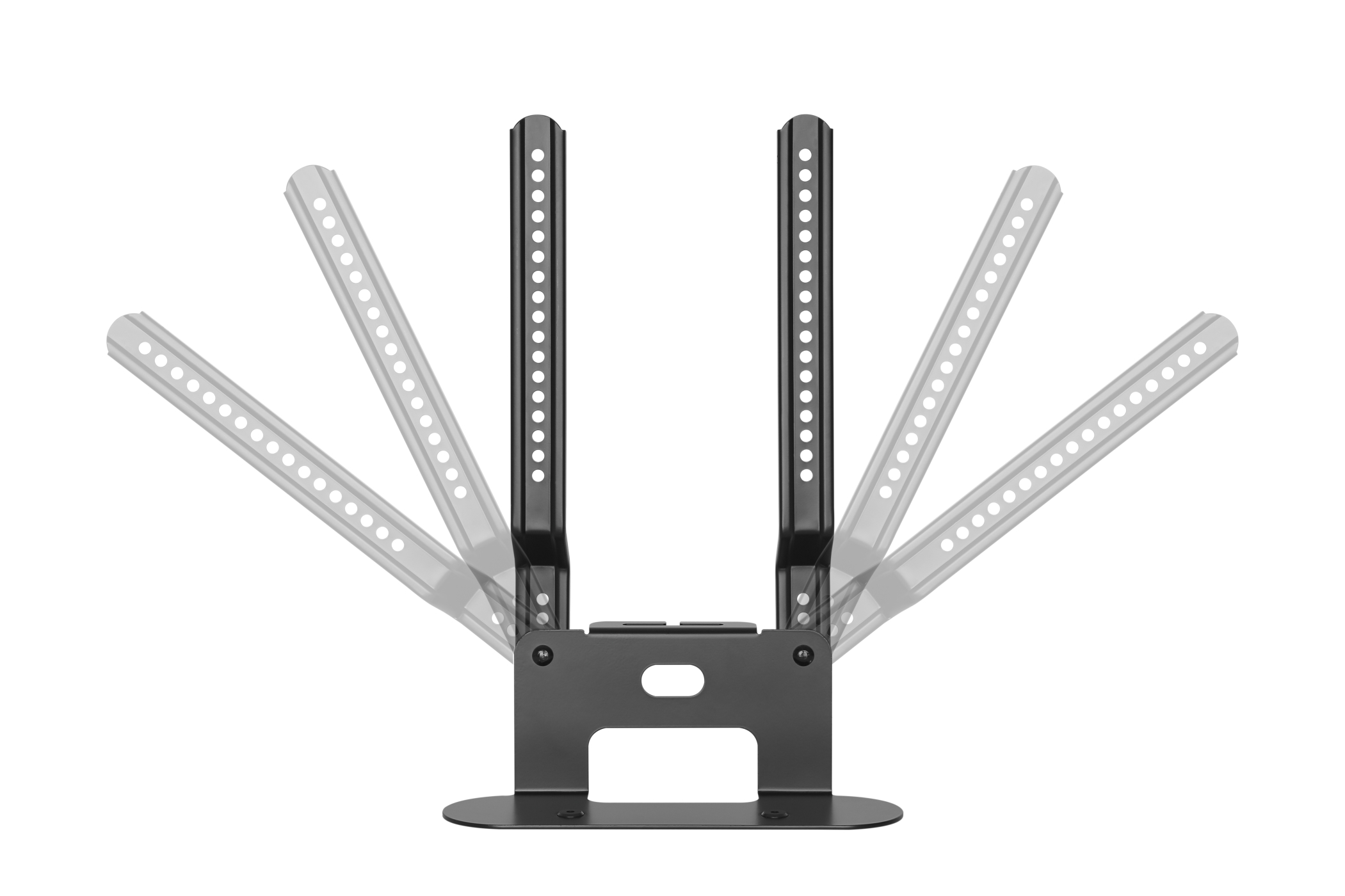 A black metal TV mount with adjustable arms, isolated on white background.