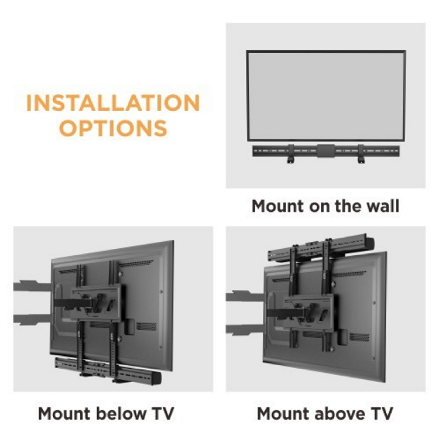 Install options for a TV mount: wall, below TV, and above TV.