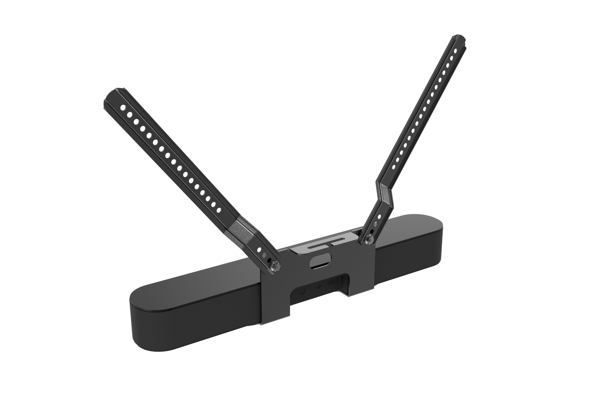 Black soundbar with two angled brackets. The brackets have holes and are attached to the soundbar.
