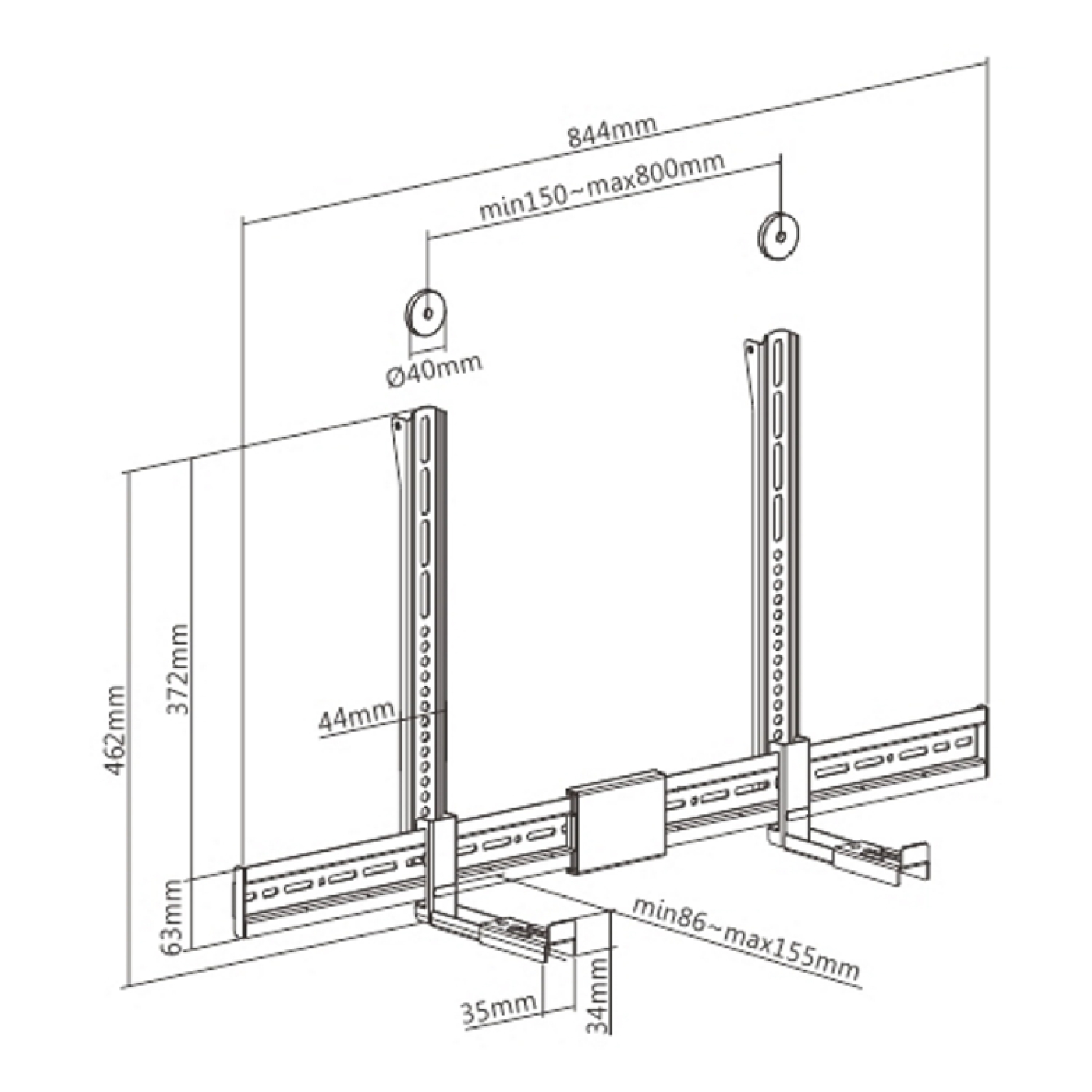 Diagram of a TV mount on a wall. Dimensions are marked with lines and measurements.