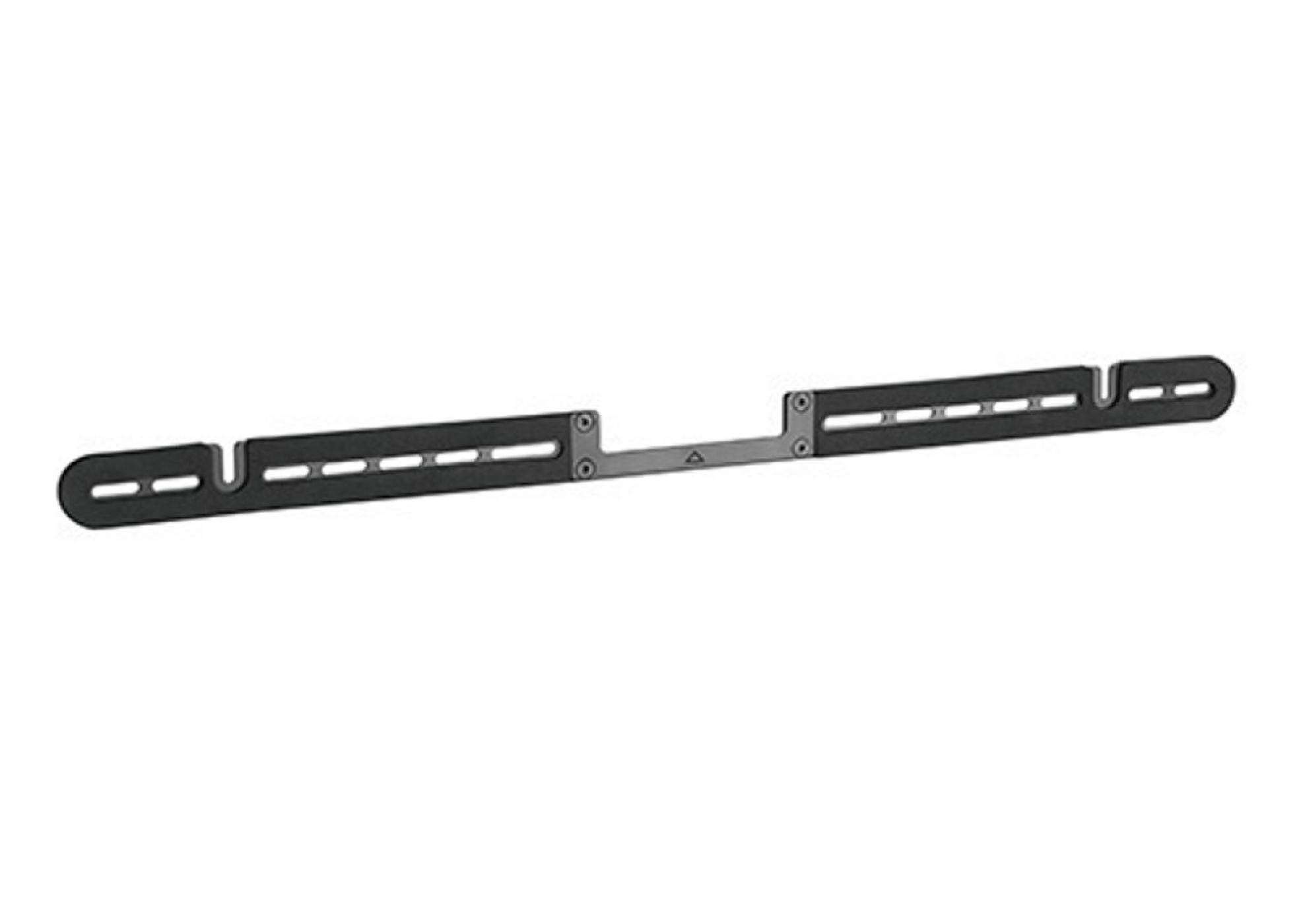 Long, black soundbar mounting bracket with multiple screw holes and a central connector.