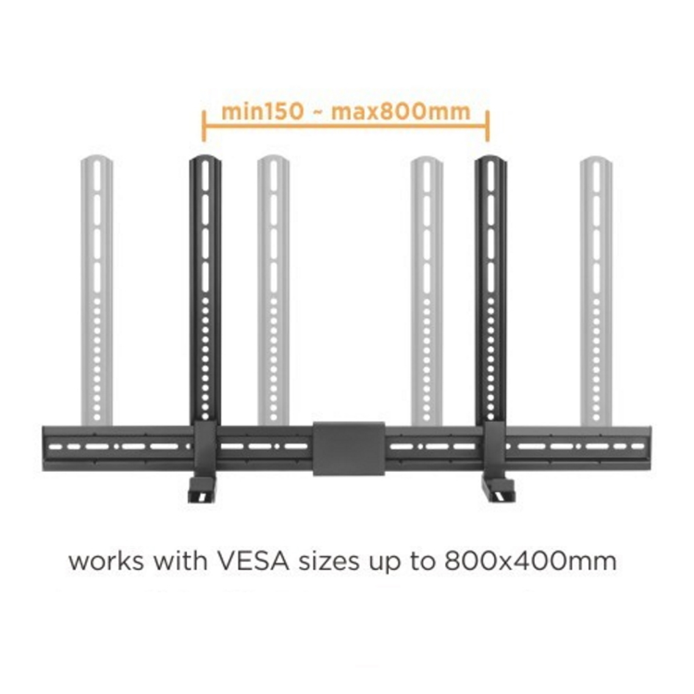 TV mount with adjustable arms. It shows the range of VESA sizes it supports.