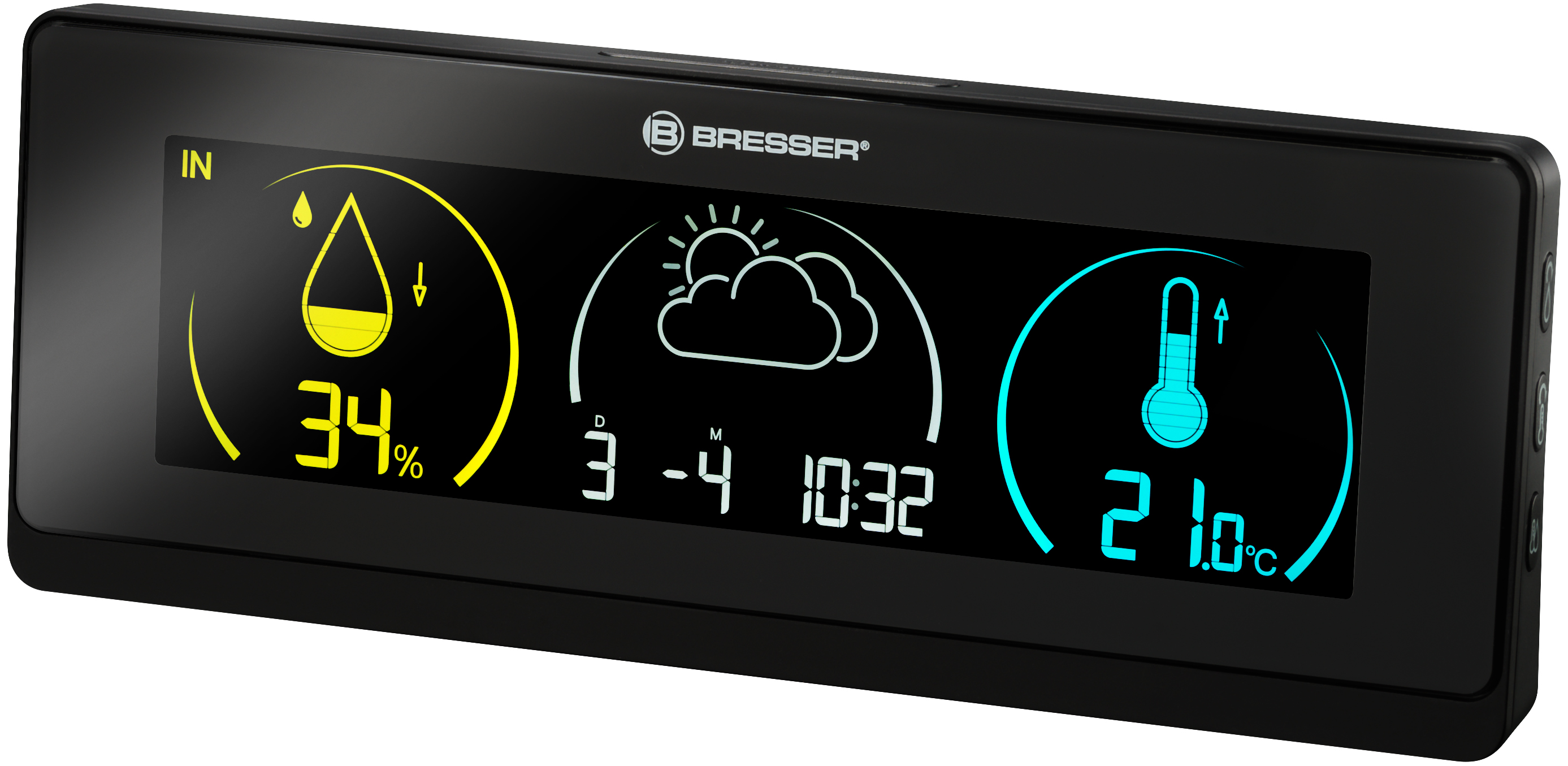 Schwarze digitale Wetterstation mit Anzeige von Luftfeuchtigkeit, Zeit und Temperatur.