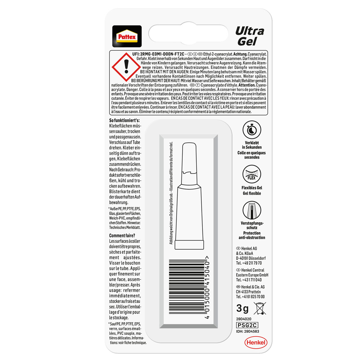 Produktverpackung von Klebstoff mit Text und Illustrationen. Weißer Hintergrund.