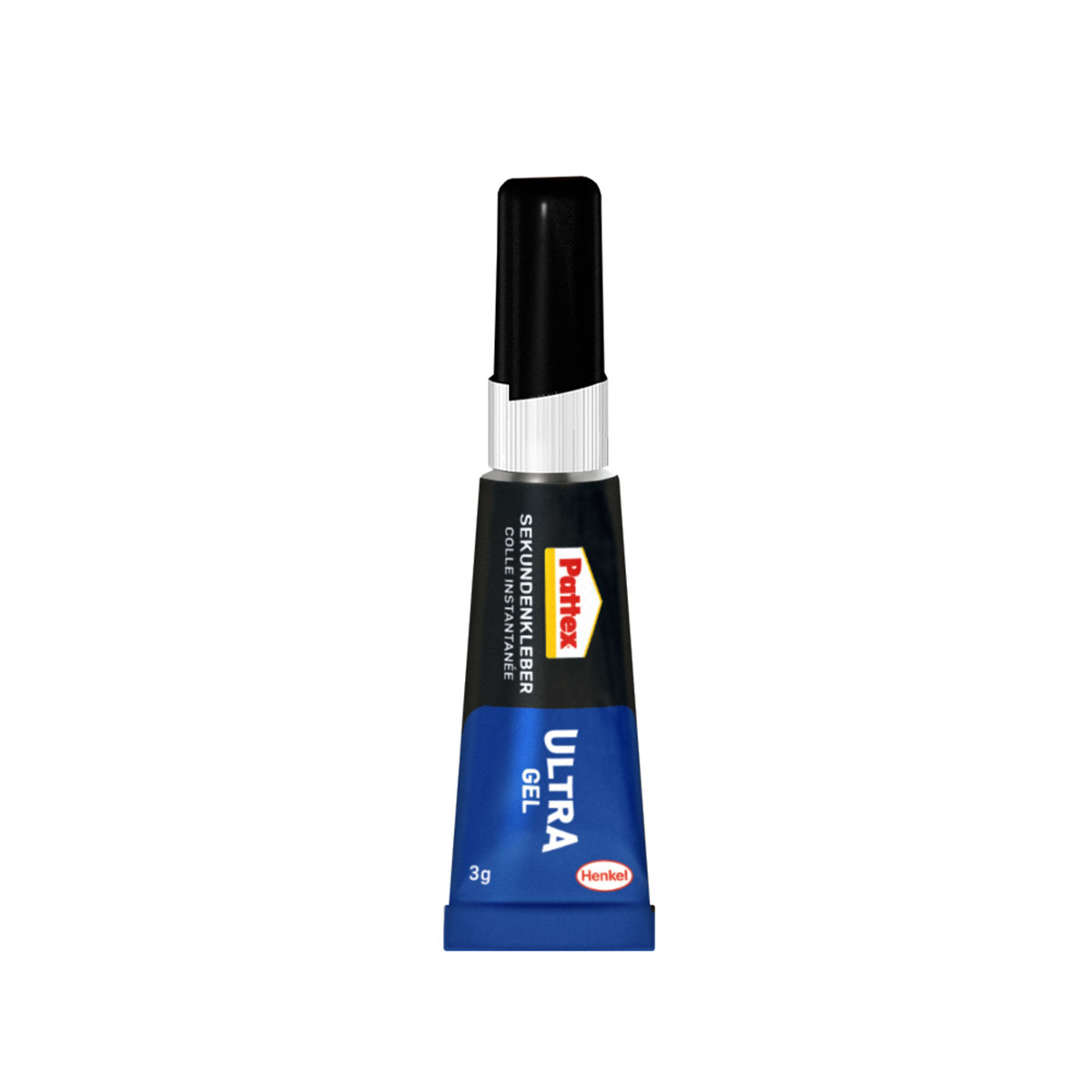 Eine Tube Pattex Ultra Gel Sekundenkleber mit schwarzem Deckel und blau-weißem Etikett.