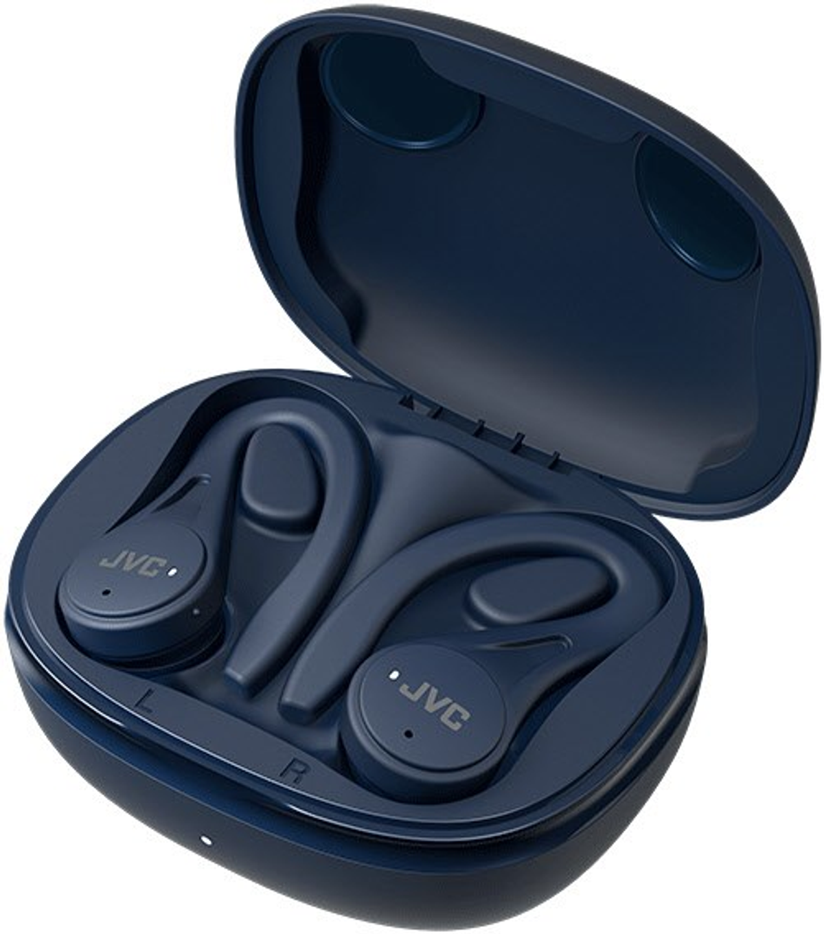 Niebieskie słuchawki douszne w niebieskim etui ładującym o zakrzywionym designie, z marką JVC.