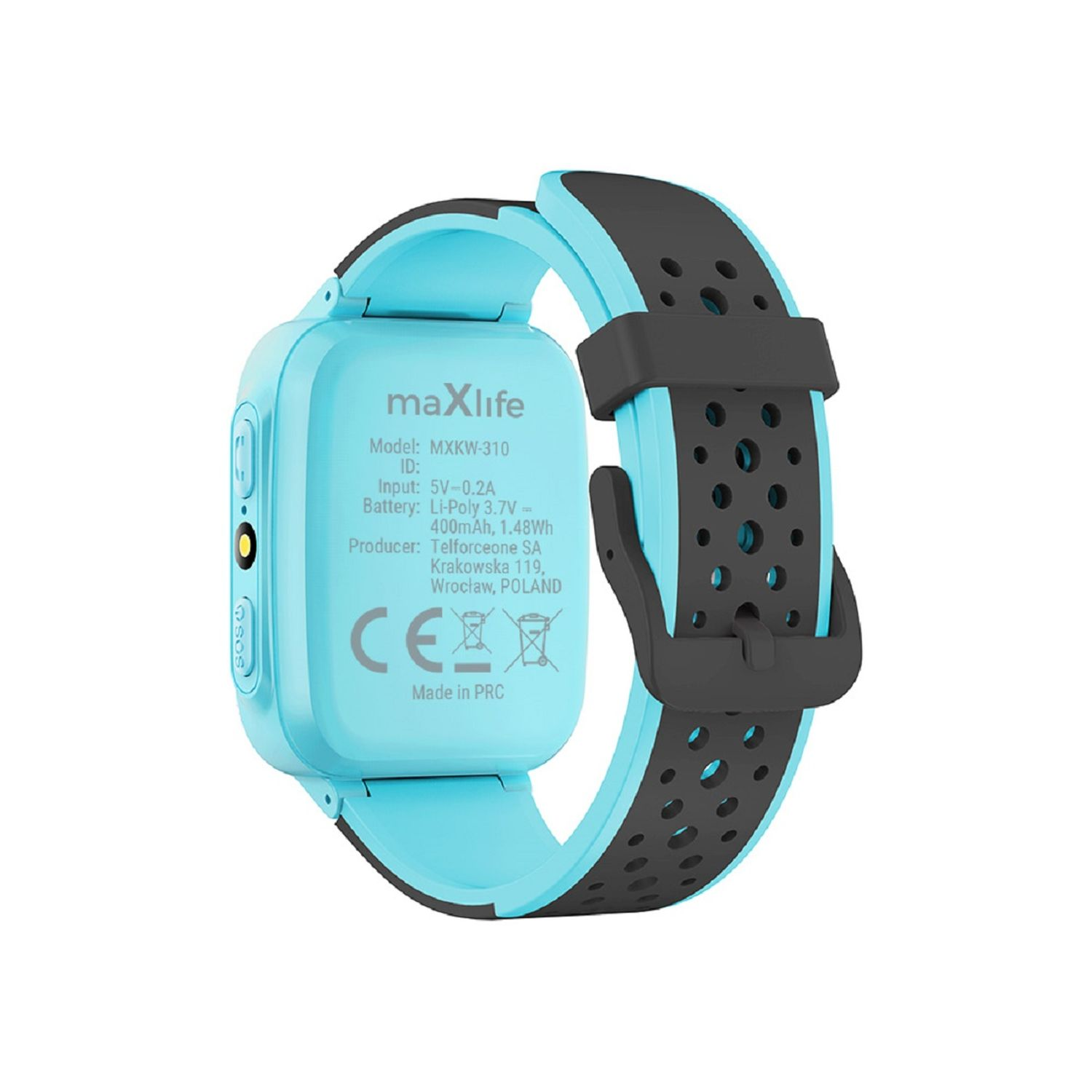 Eine blaue Smartwatch mit schwarzem Armband, die Modelldetails und ein CE-Zeichen zeigt.