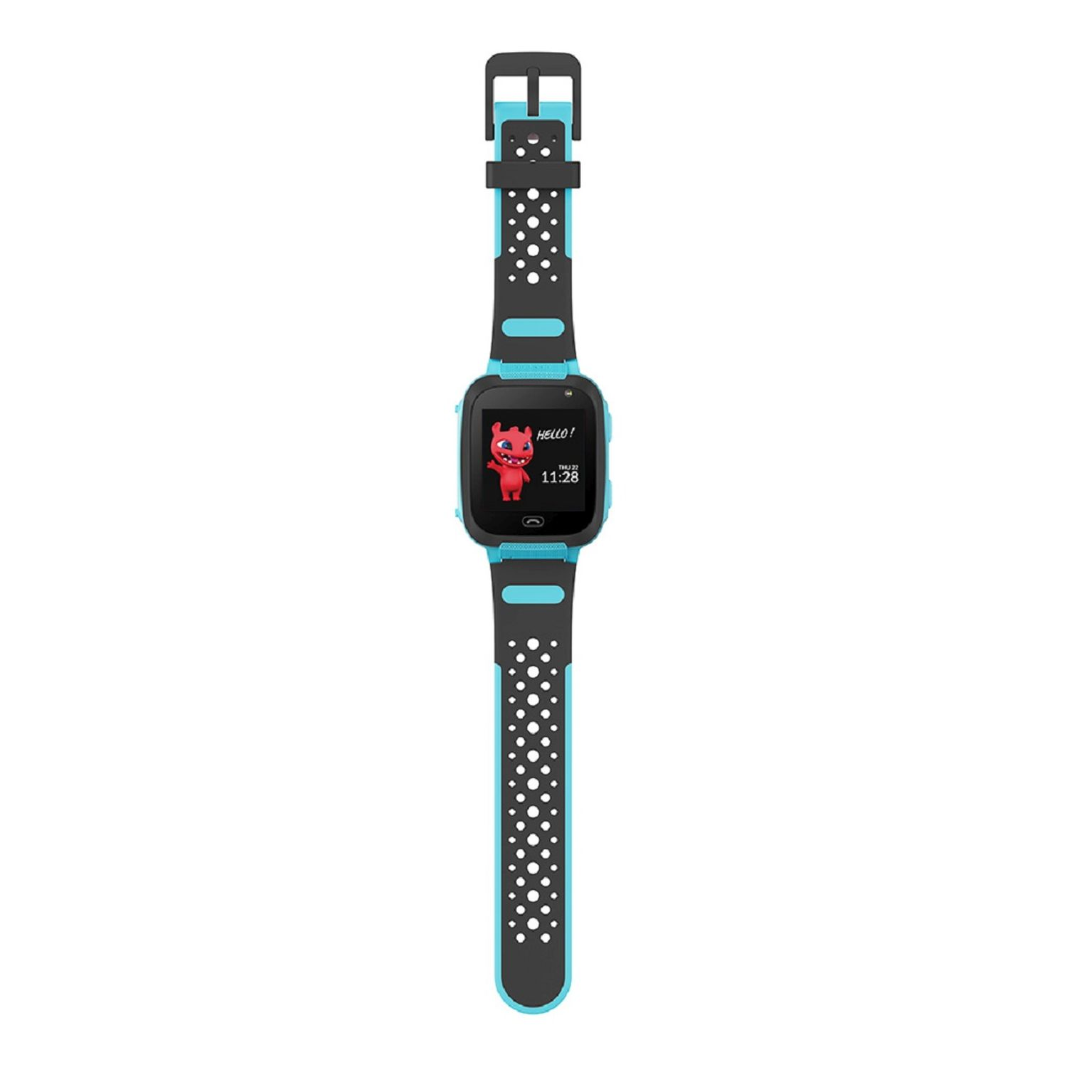 Eine Kinder-Smartwatch mit einem Cartoon-Teufel auf dem Bildschirm. Das Band ist schwarz und blau.