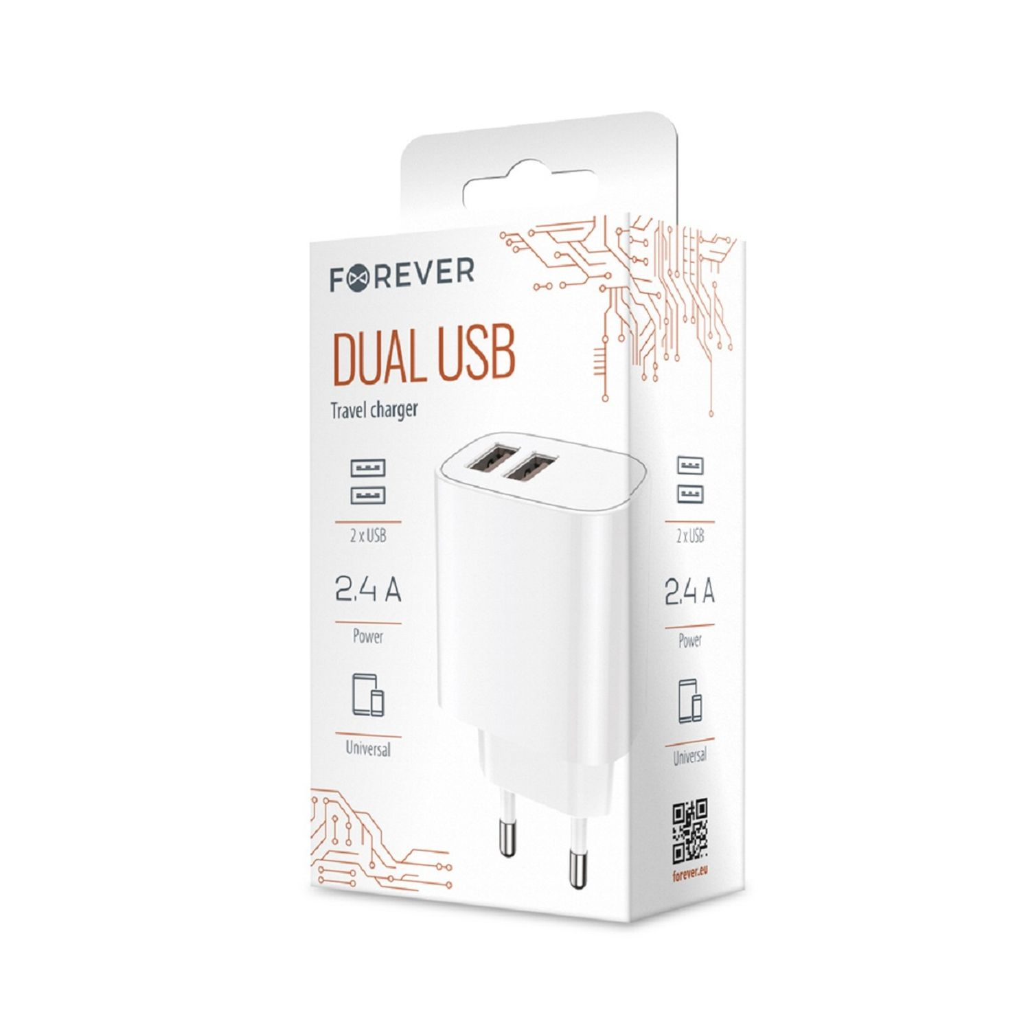 Weißes Dual-USB-Reiseladegerät mit Box. Text: 'Forever Dual USB'.
