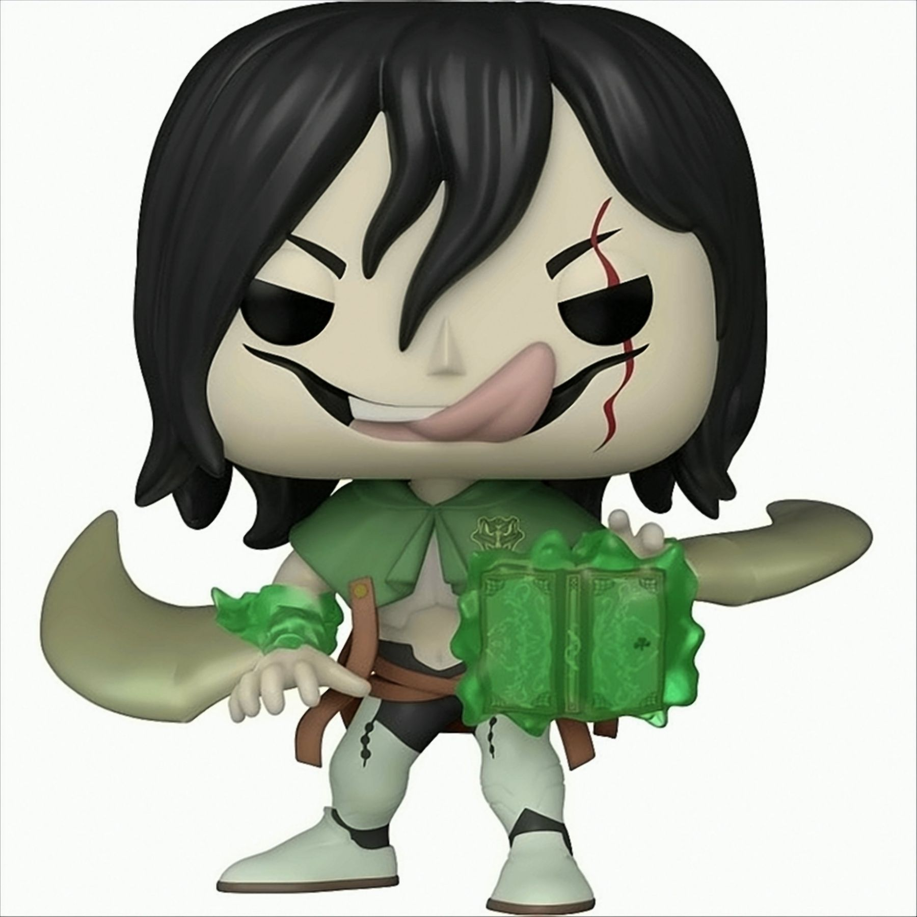 Figurka Funko Pop postaci z mangi z czarnymi włosami, zielonymi ubraniami i dwoma mieczami, wystawiającej język.