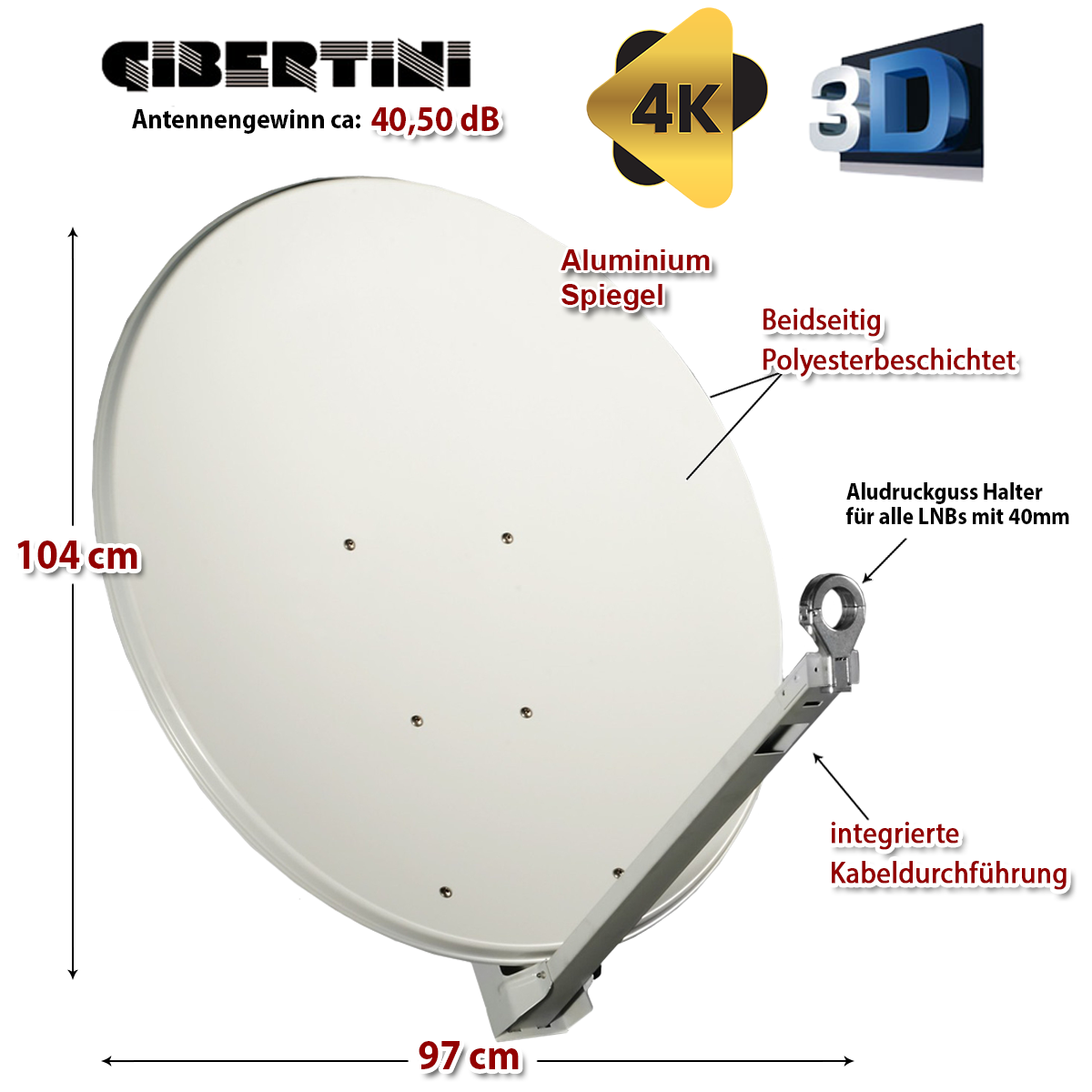 Eine weiße Satellitenschüssel mit schwarzen Markierungen und Pfeilen, die auf verschiedene Merkmale zeigen, mit Beschriftungen.