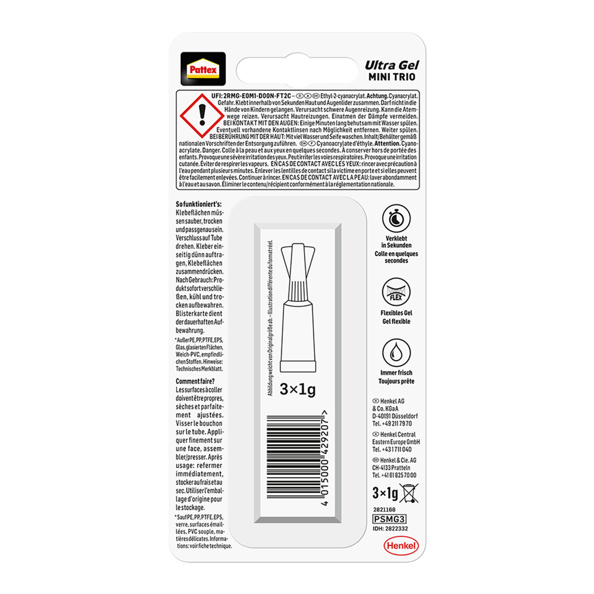 Verpackung von Ultra Gel Mini Trio Kleber. Text auf Deutsch und Französisch. Sicherheitshinweise und Gebrauchsanweisungen.