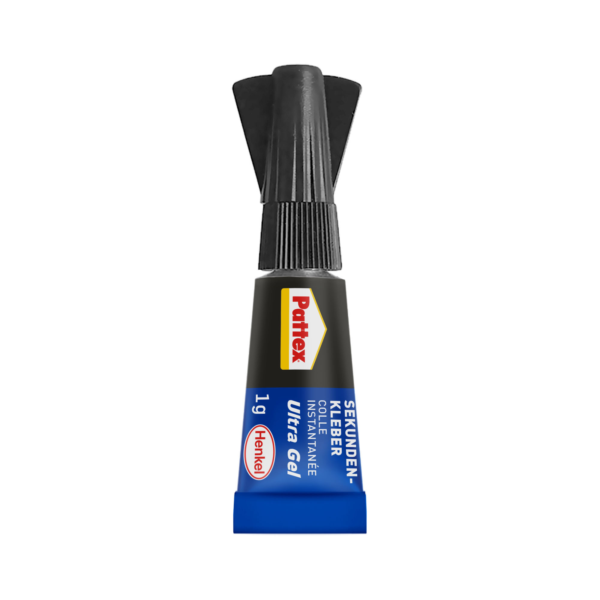 Eine Tube Klebstoff, schwarzer Deckel und blauer Boden, mit Text zum Produkt.