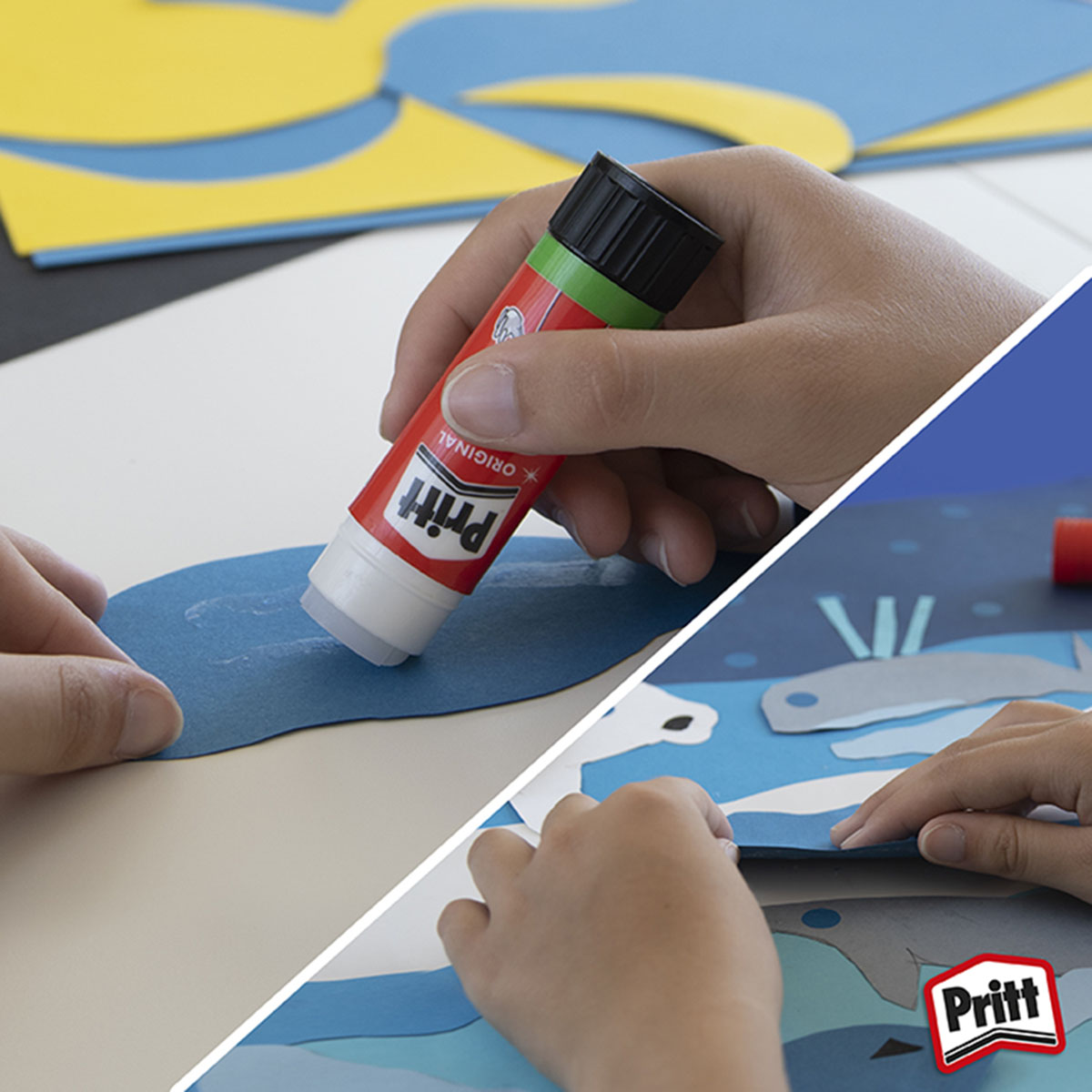 Hände, die einen Klebestift zum Aufkleben von Papierschnitten verwenden. Der Klebestift ist von Pritt. Eine blaue Seite.
