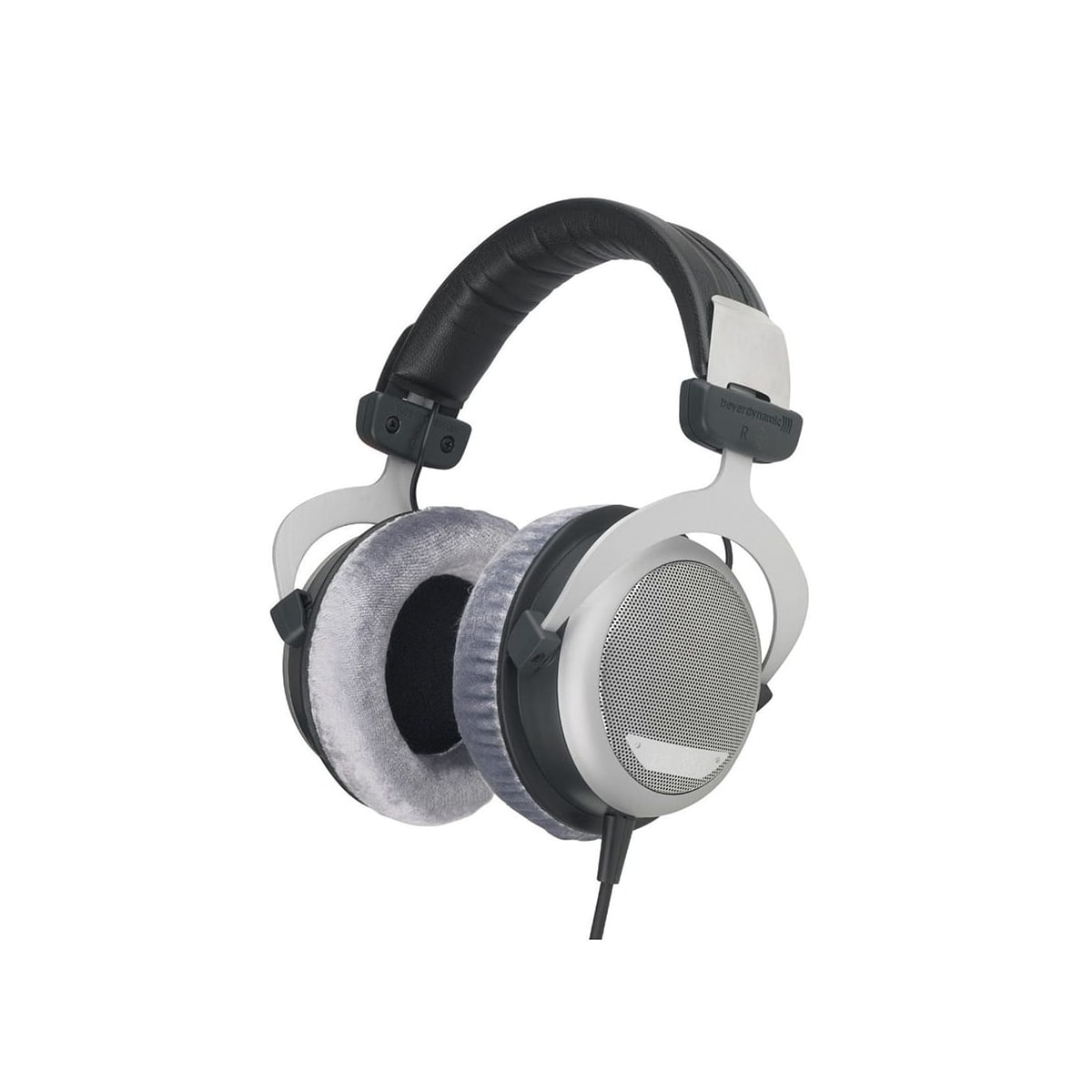 Cuffie argento e nere. Design over-ear con cuscinetti grigi e archetto nero.