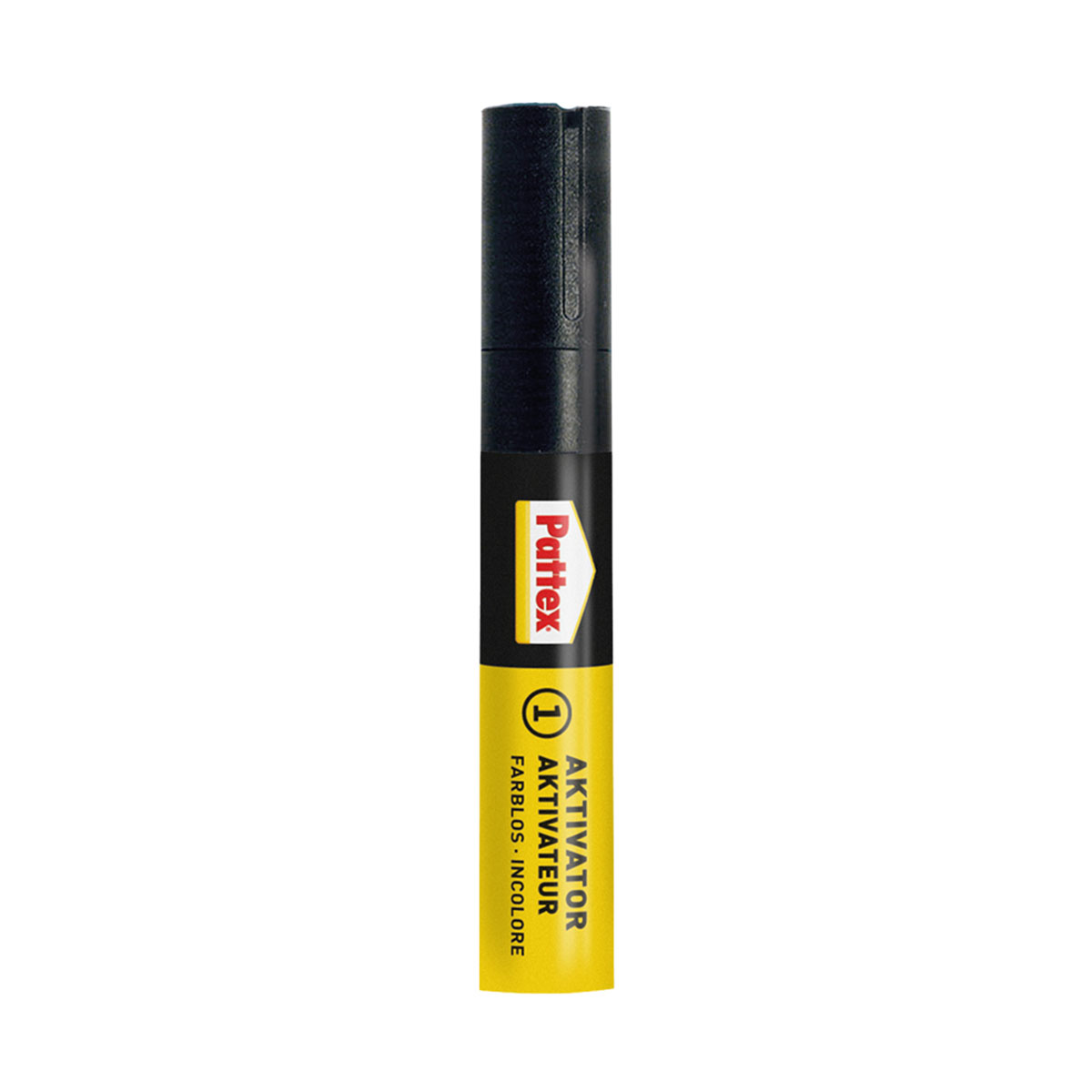 Stylo activateur de colle noir, avec une étiquette jaune. Le stylo est droit et en gros plan.