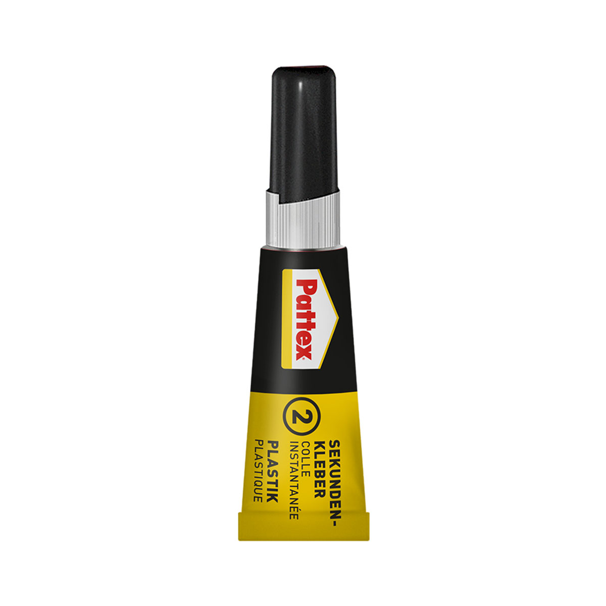 Un tube de colle avec un bouchon noir, avec la marque Pattex en texte jaune.