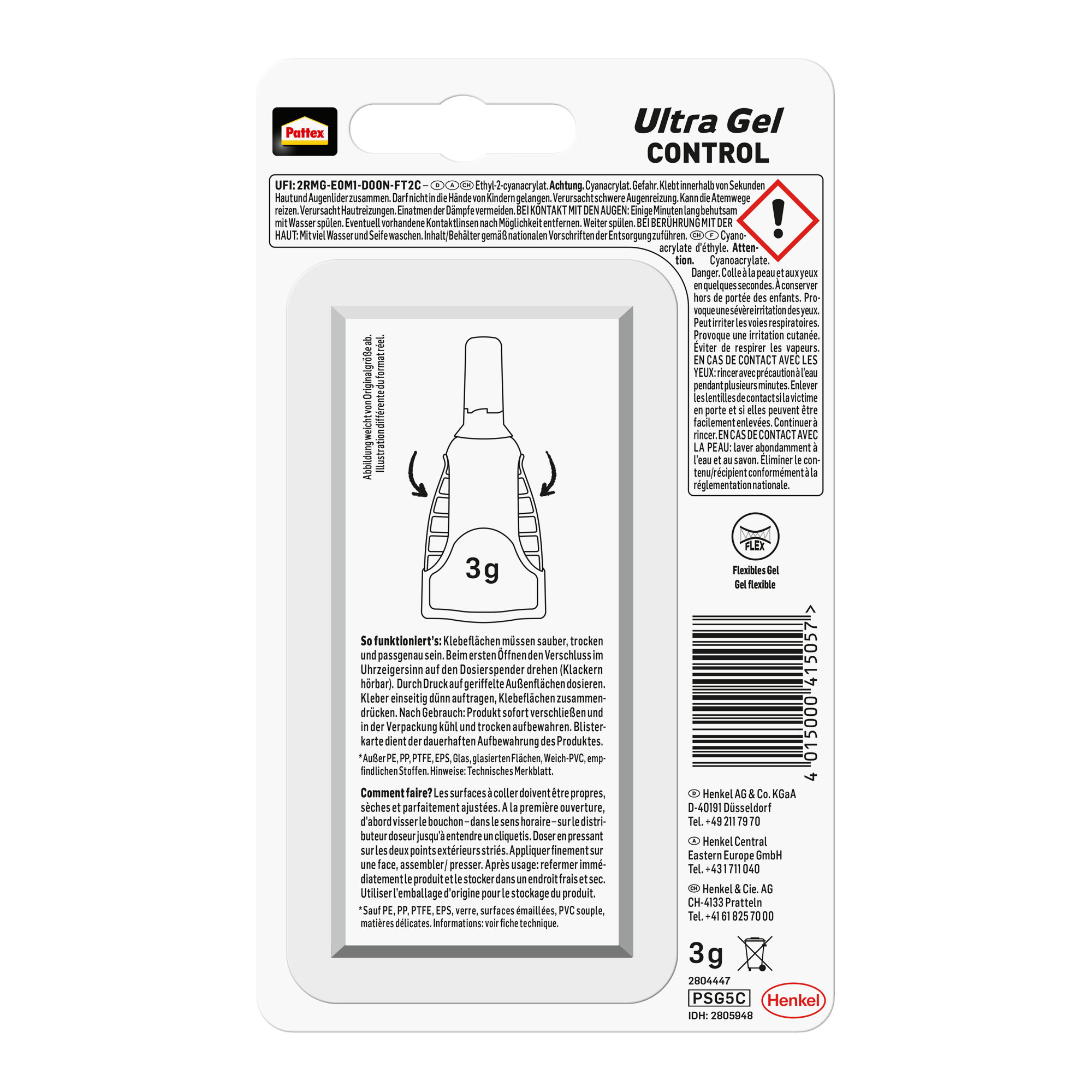 Klebstoff-Tubenverpackung mit Text, kleiner Klebstoffflasche und einem Warnsymbol.