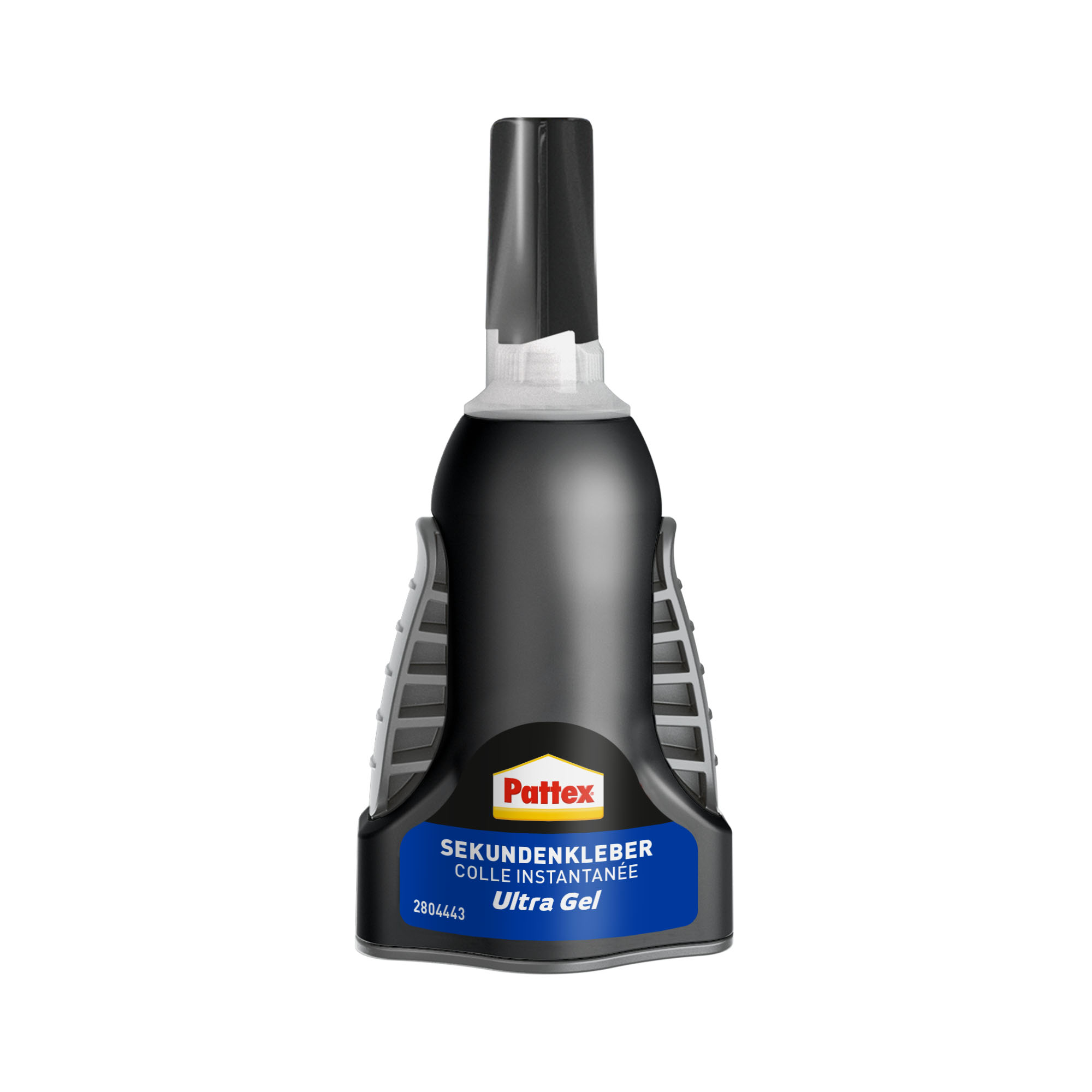 Schwarze Klebstoffflasche mit blauem Etikett. Markenname "Pattex". Weißer Hintergrund.