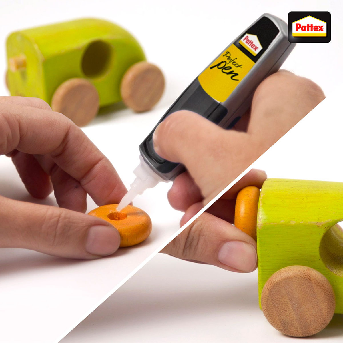 Person verwendet Klebestift auf einem Holzspielzeugauto, mit grünem Auto und orangefarbenem Rad.