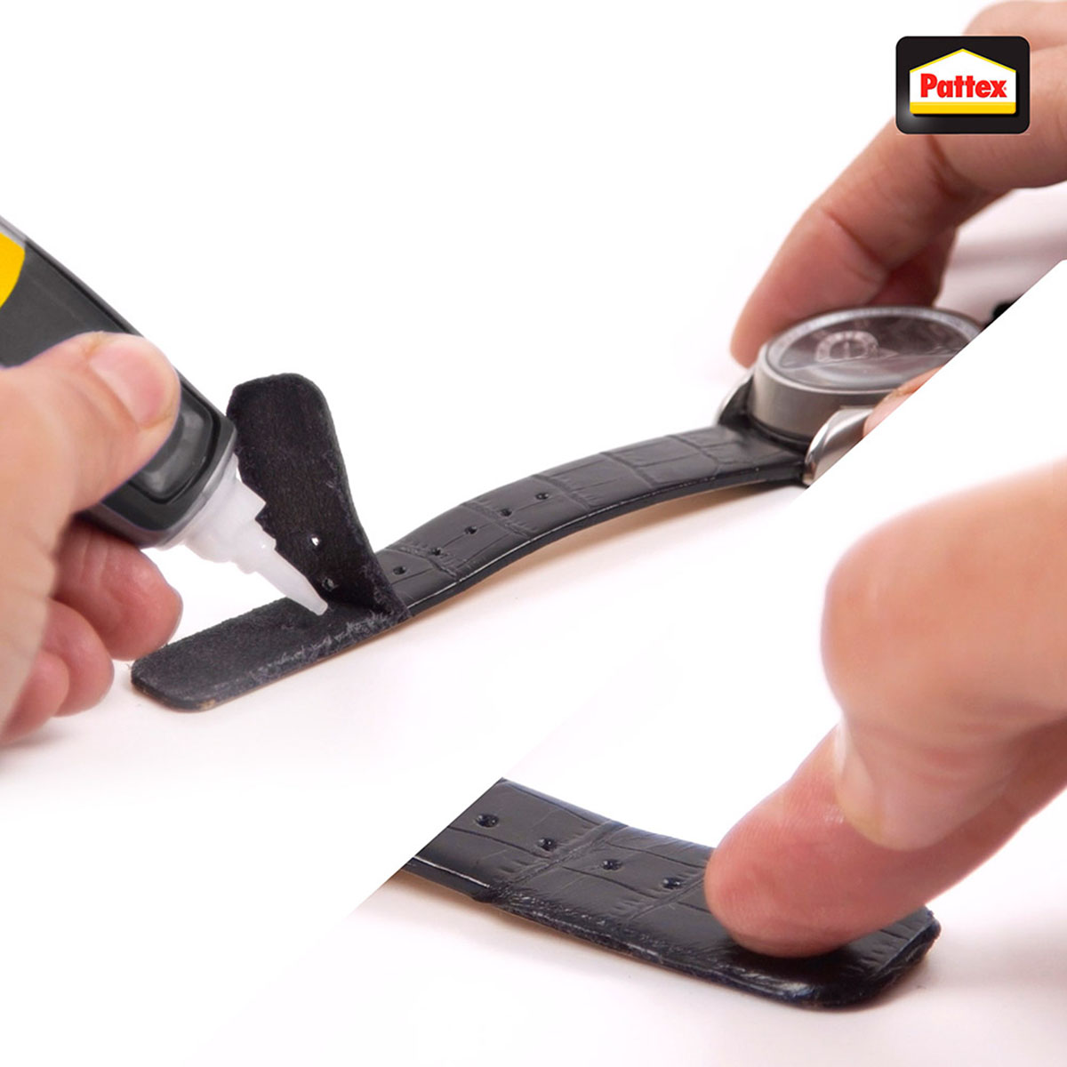 Hände, die mit Pattex-Kleber Klebstoff auf ein Uhrenarmband auftragen. Eine Uhr rechts.