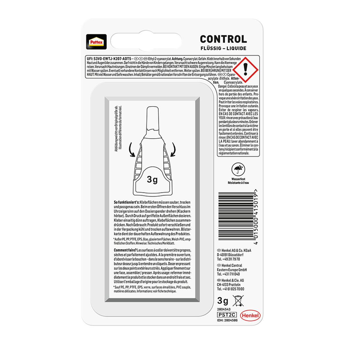 Eine Produktverpackung mit Klebstoff, schwarz-weiß, mit Text und Sicherheitshinweisen.