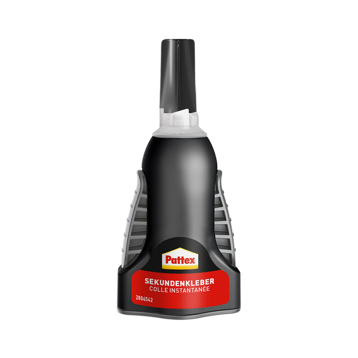 Schwarze Sekundenkleberflasche mit schwarzem Applikator, rotem Etikett und grauem Ständer.